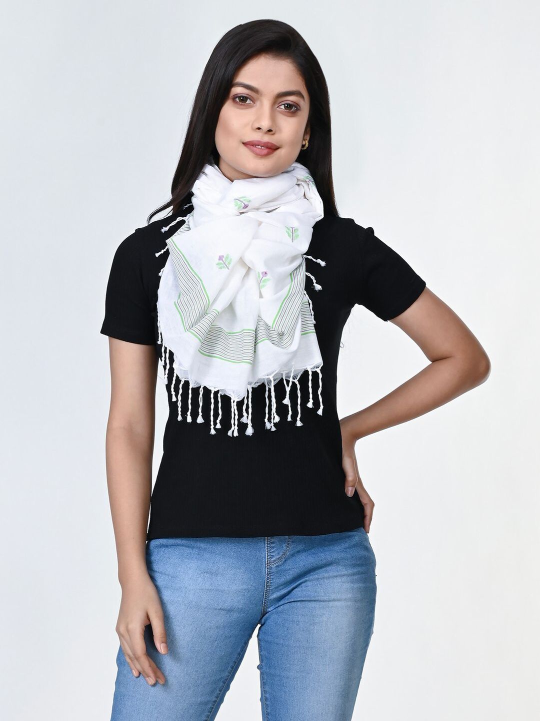 ArtEastri Women White & Green Jamdani Pure Cotton Embroidered Stole Price in India