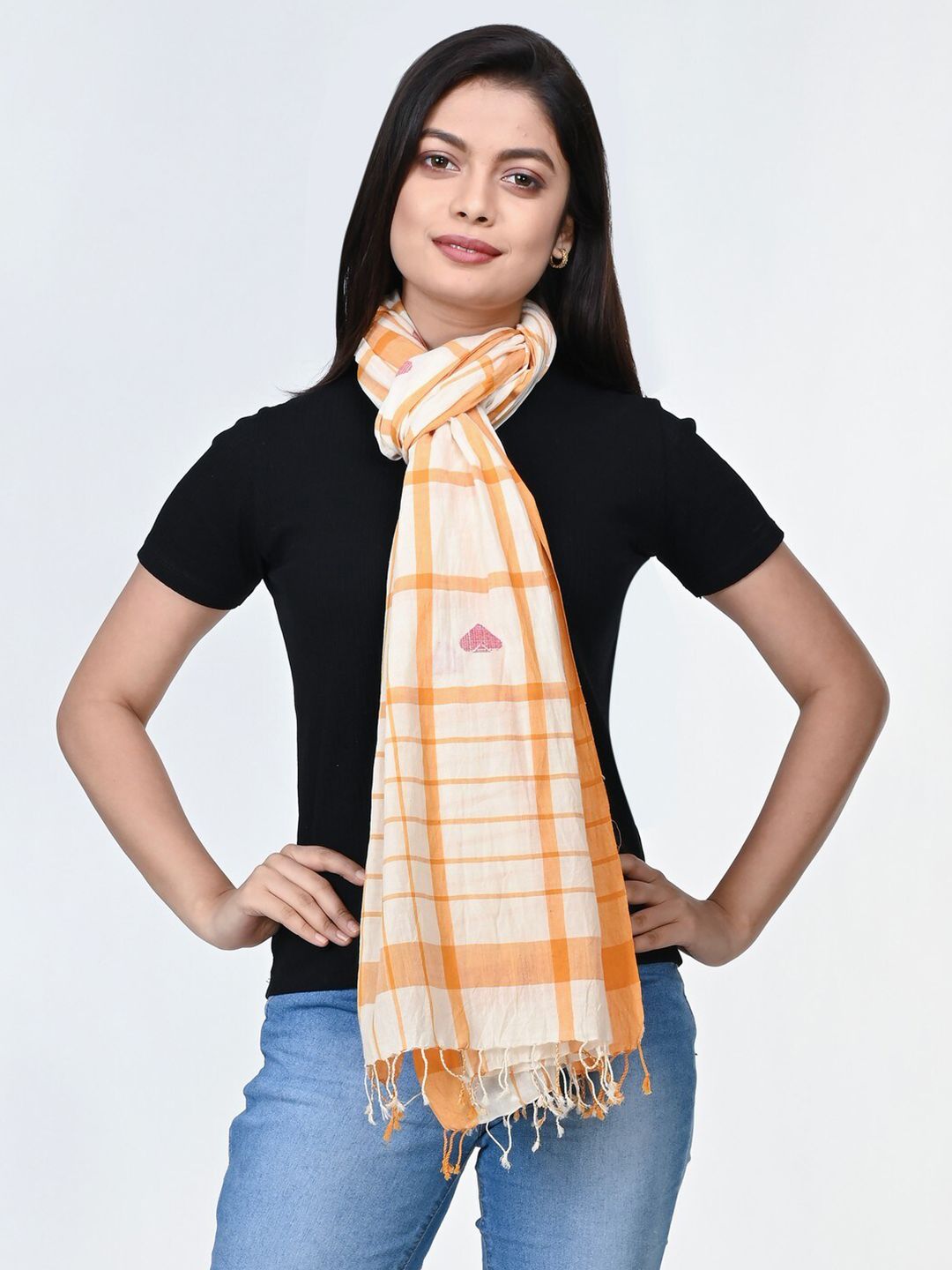 ArtEastri Women Cream-Coloured & Orange Checked Woven Design Pure Jamdani Cotton Stole Price in India