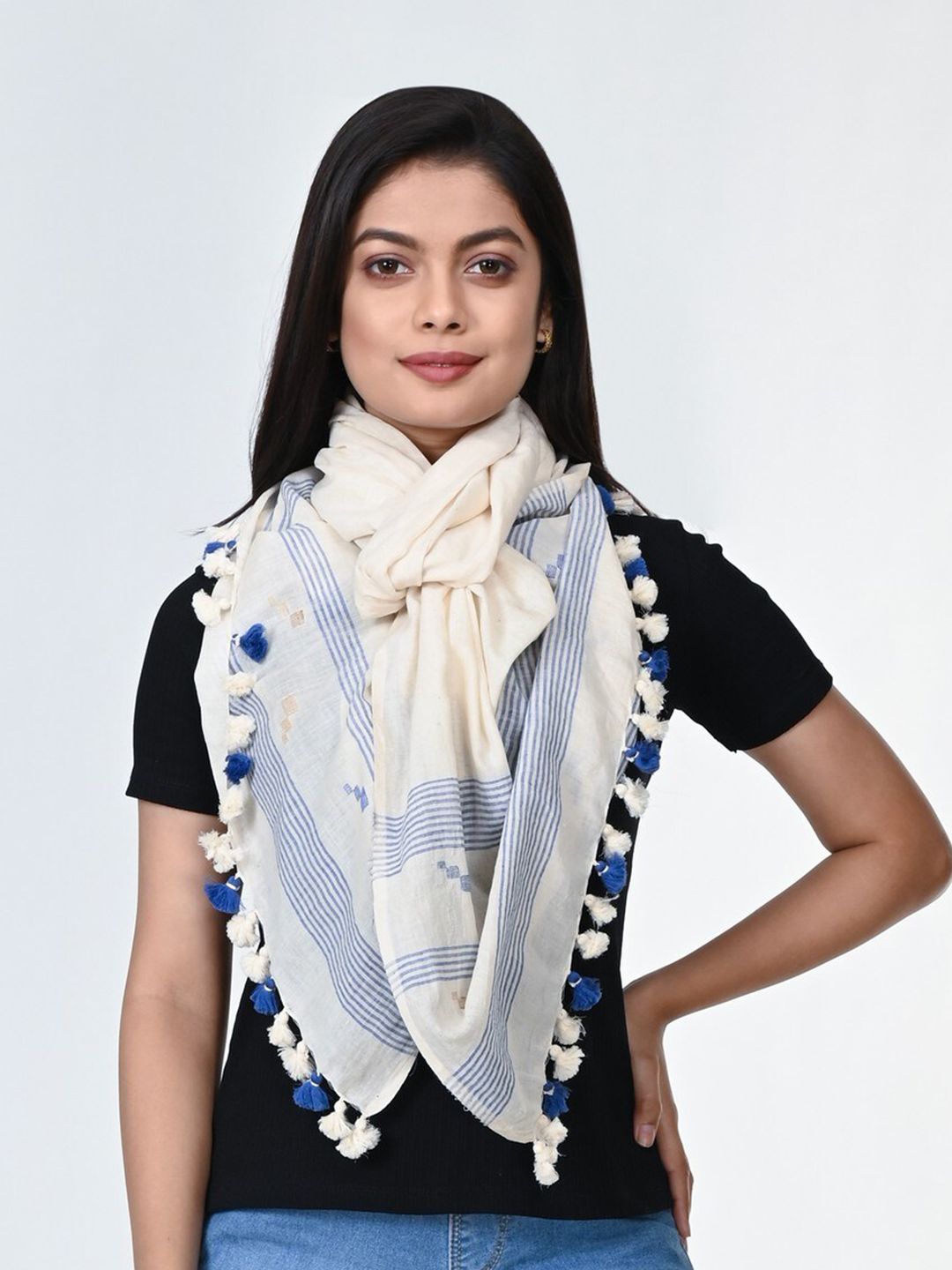ArtEastri Women Cream-Coloured & Blue Woven Design Pure Handloom Jamdani Cotton Stole Price in India
