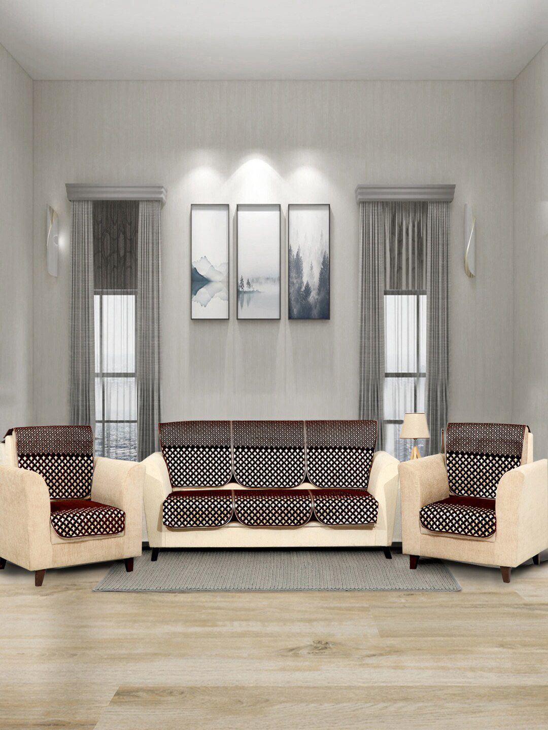 BELLA TRUE Brown Geometric Chenille 10PC Straight 5 Seater Sofa Cover-27x27In