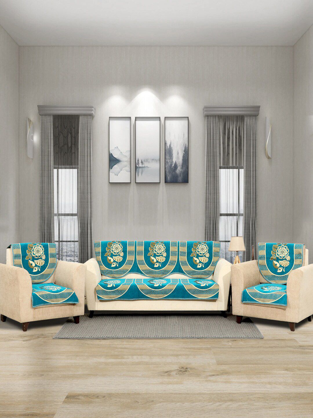 BELLA TRUE BELLA TRUE Set Of 6 Blue & Beige Leaf Printed 5-Seater Sofa Cover