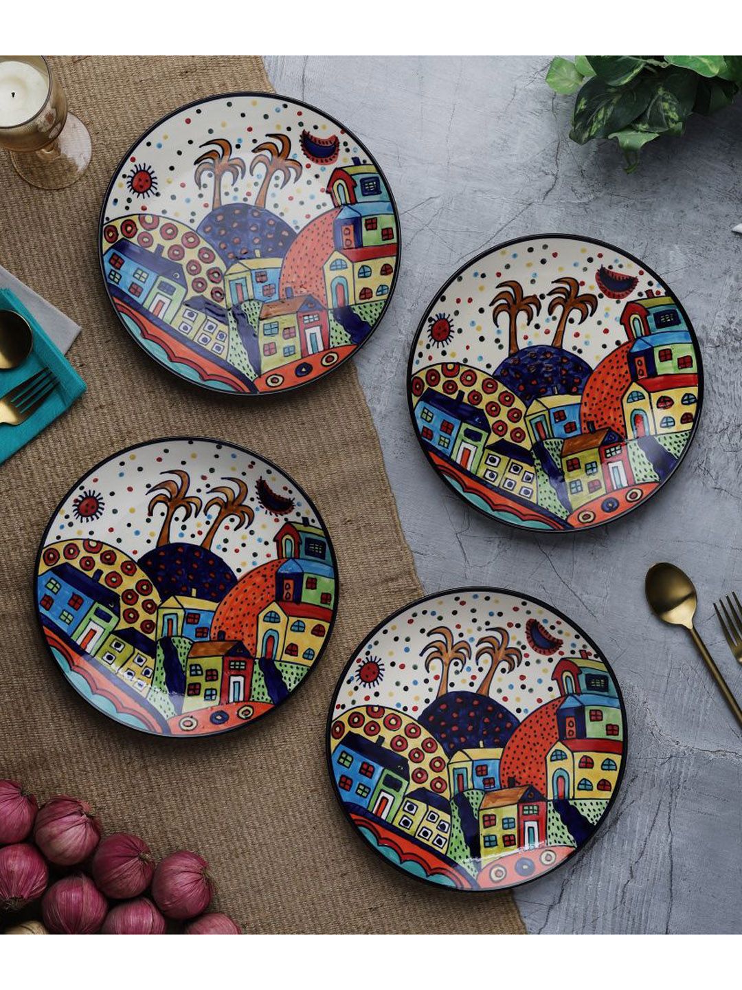 The Decor Mart Multicoloured & 4 Pieces Printed Ceramic Glossy Plates Price in India