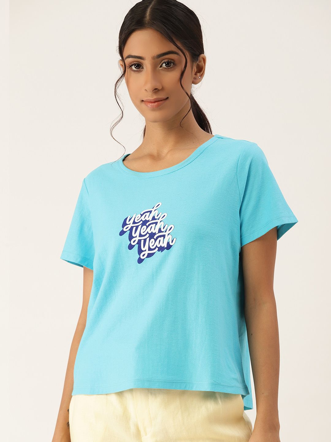 ETC Women Blue and White Typography Print Lounge Tshirt Price in India