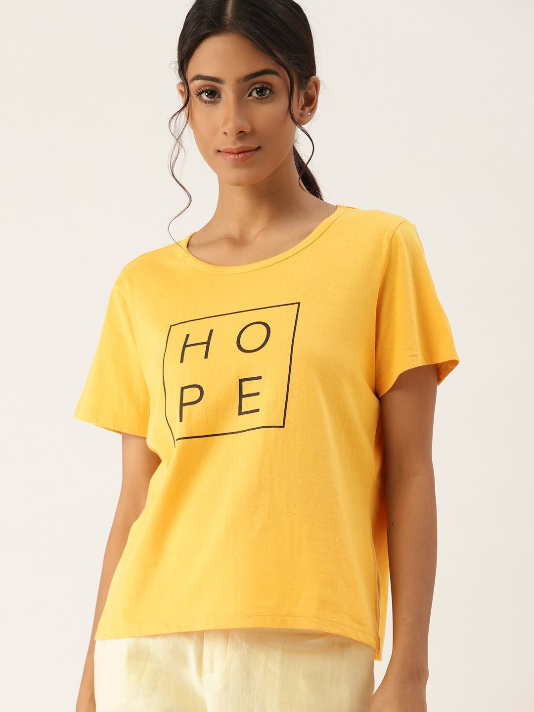 ETC Women Yellow & Black Typography Print Lounge Tshirt Price in India