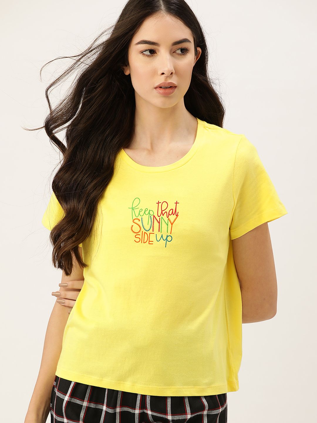 ETC Women Yellow Pure Cotton Printed Cotton Lounge T-Shirt Price in India