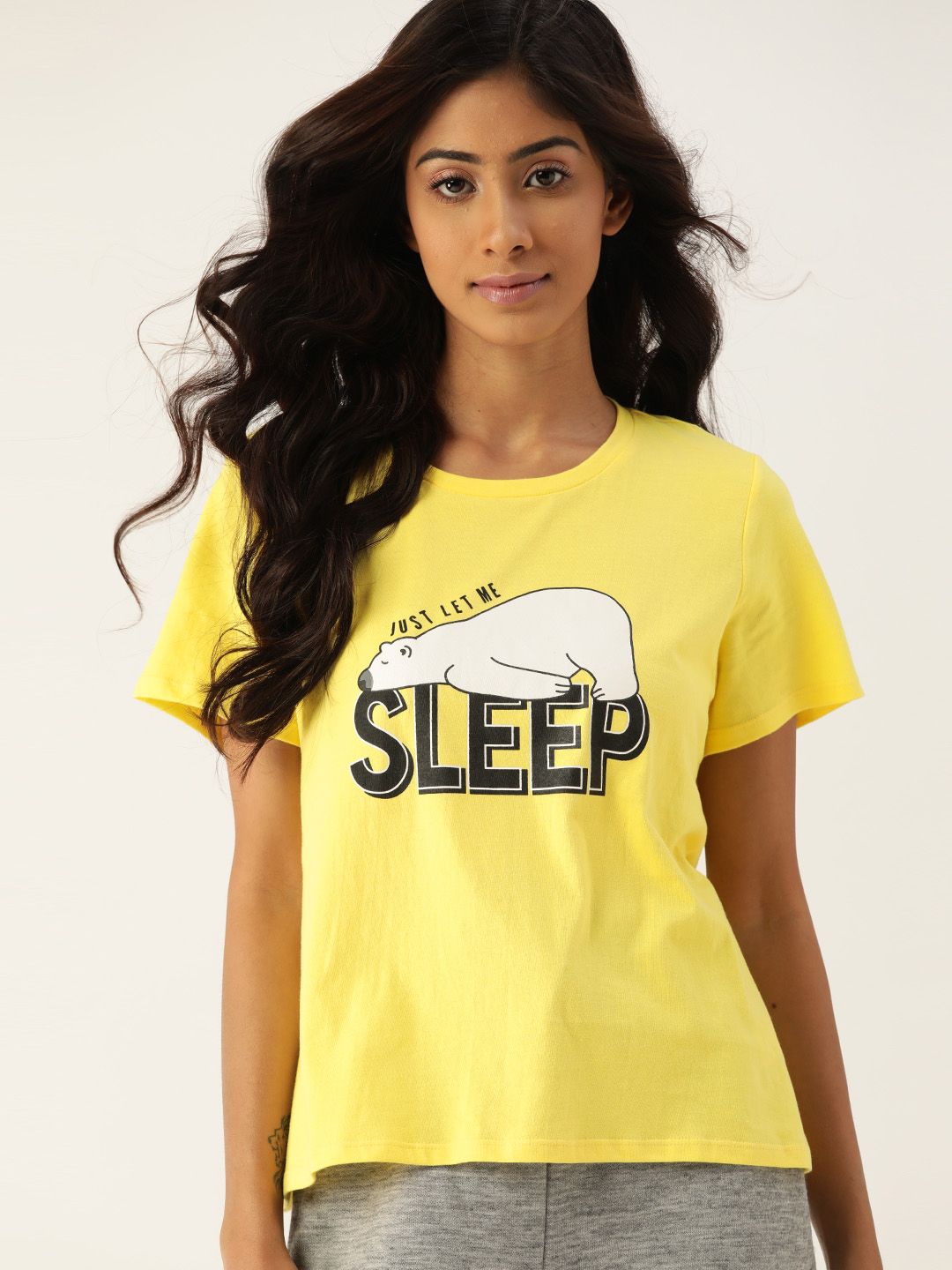 ETC Women Yellow & White Pure Cotton Printed Lounge T-Shirt Price in India