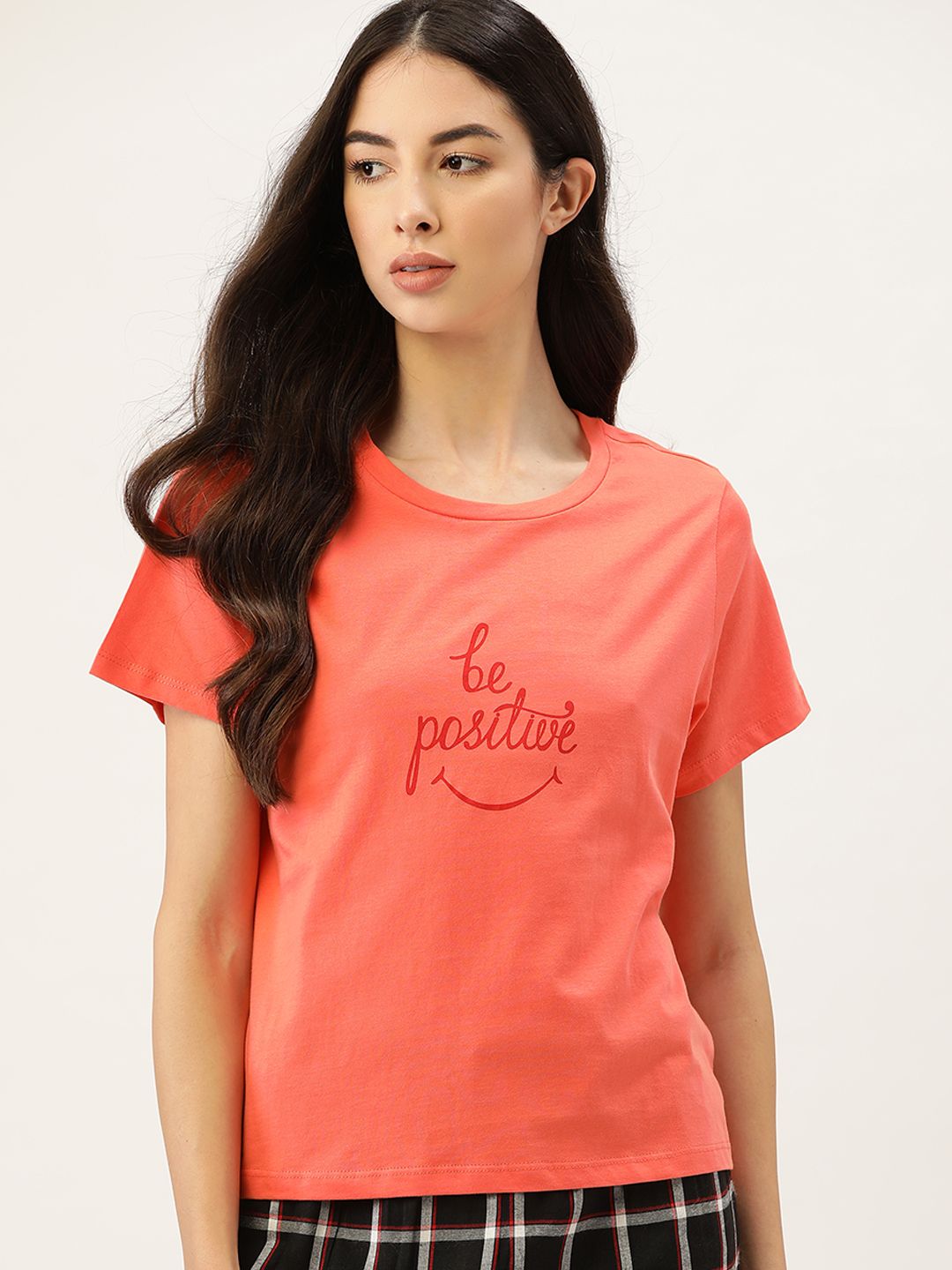 ETC Women Orange Pure Cotton Printed Cotton Lounge T-Shirt Price in India