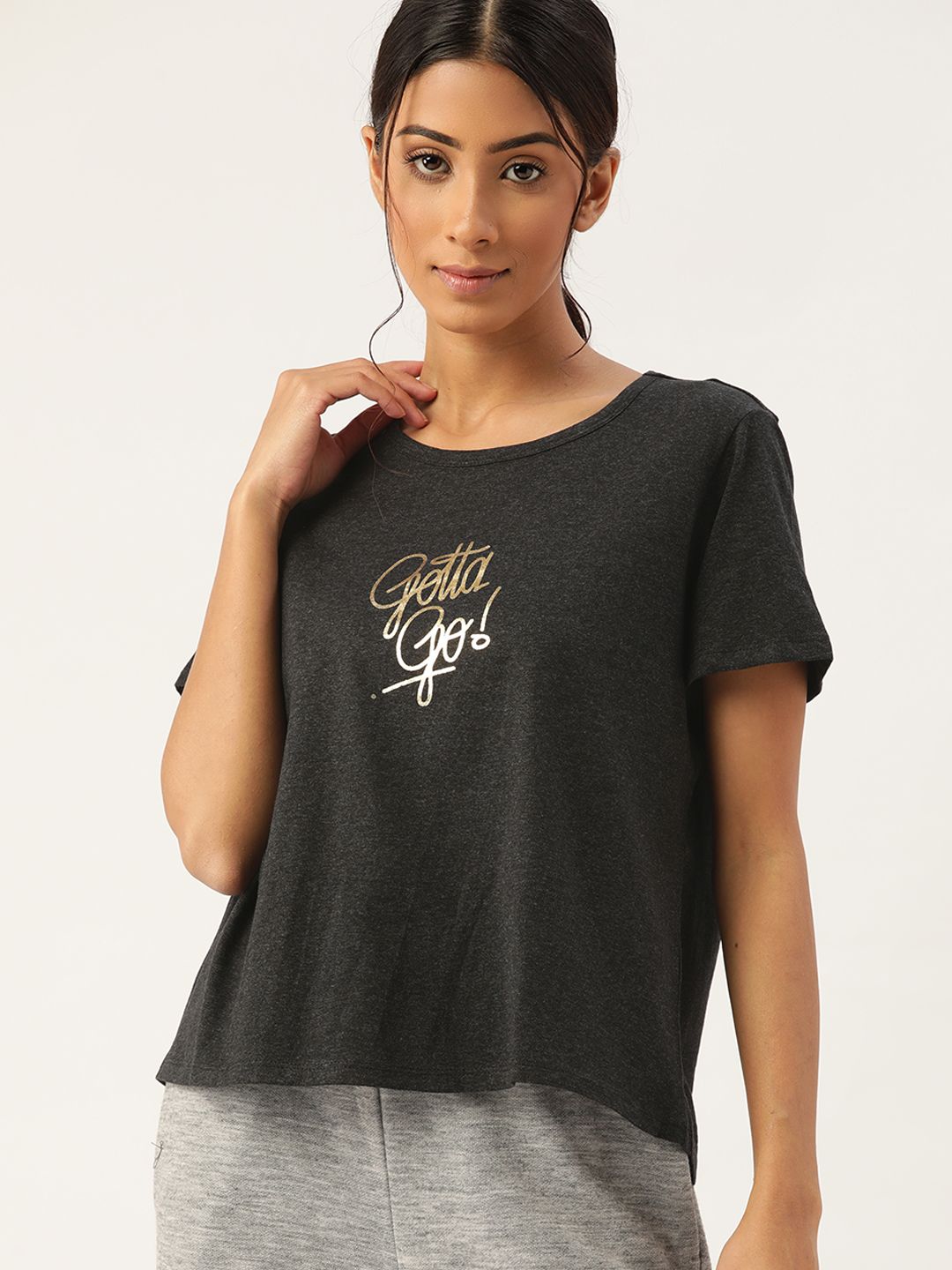 ETC Women Charcoal Grey Typography Print Lounge Tshirt Price in India