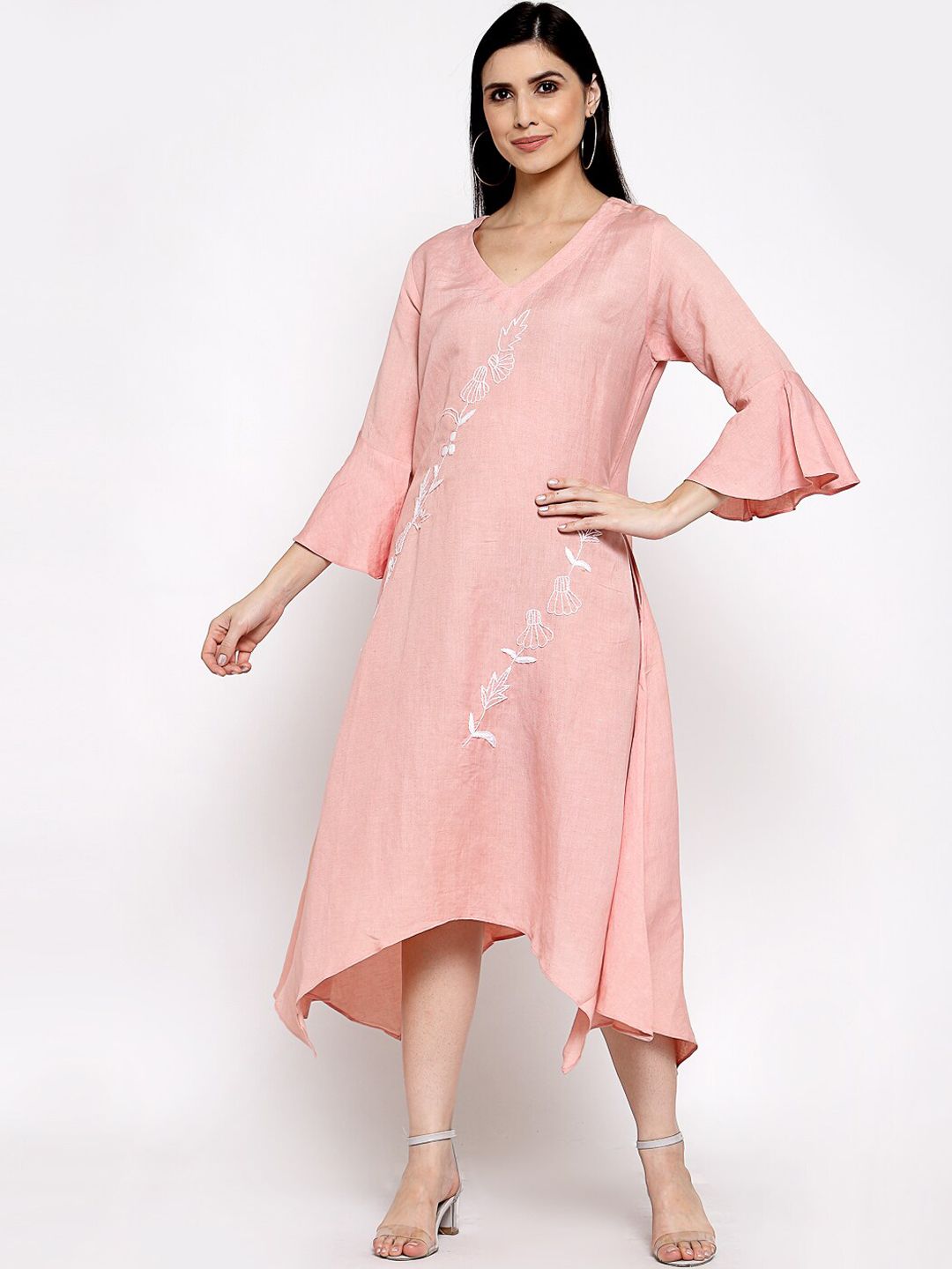 DART STUDIO Peach-Coloured Linen A-Line Midi Dress Price in India