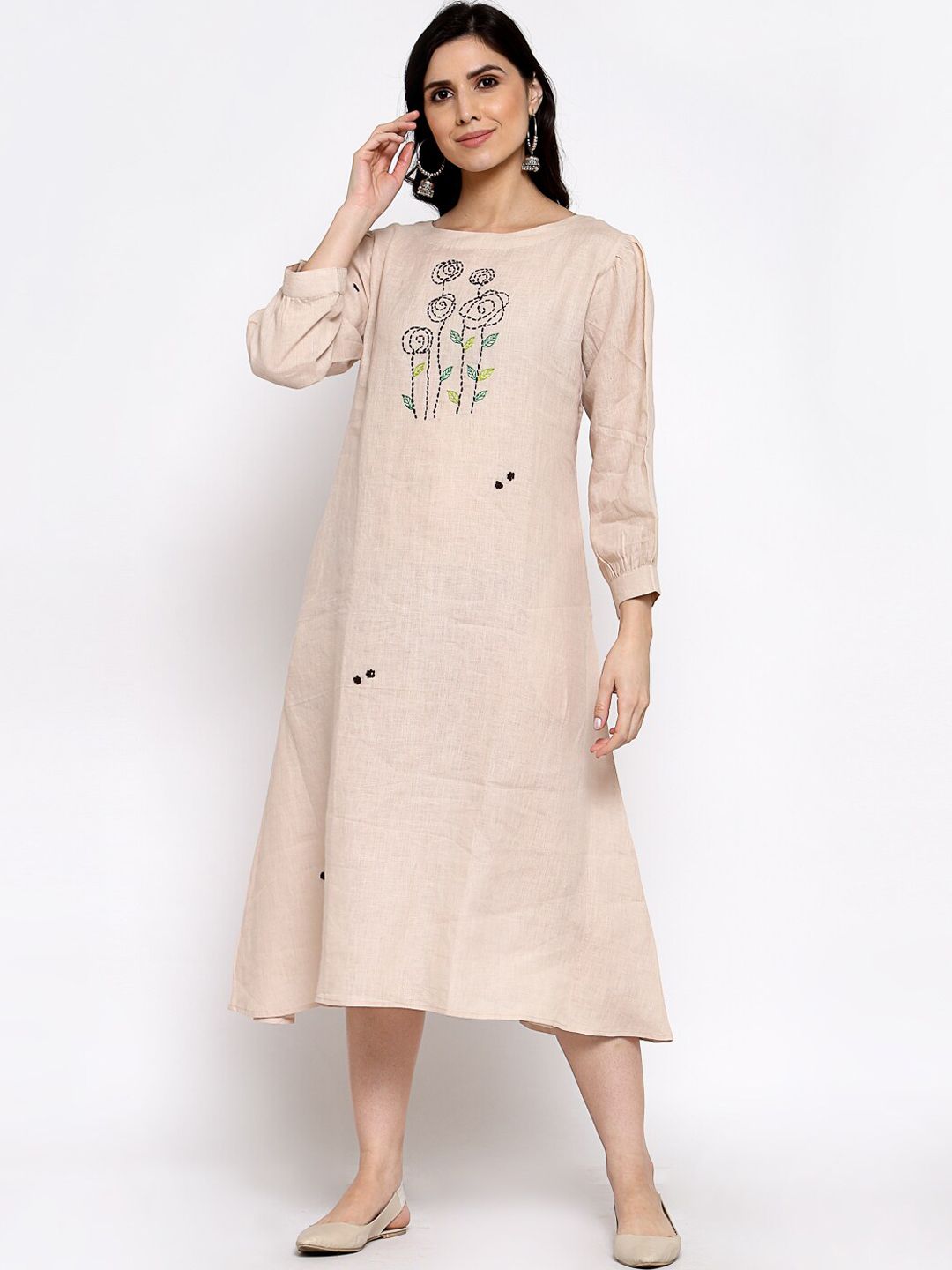 DART STUDIO Beige Linen A-Line Midi Dress Price in India