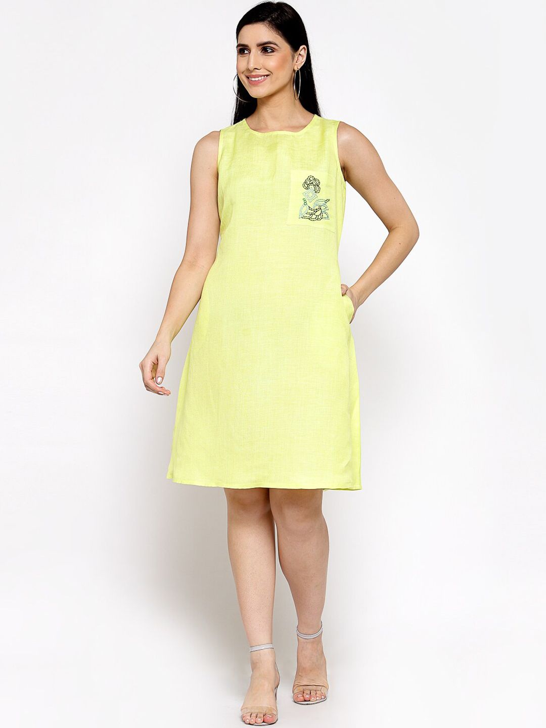 DART STUDIO Yellow Applique Linen A-Line Dress Price in India