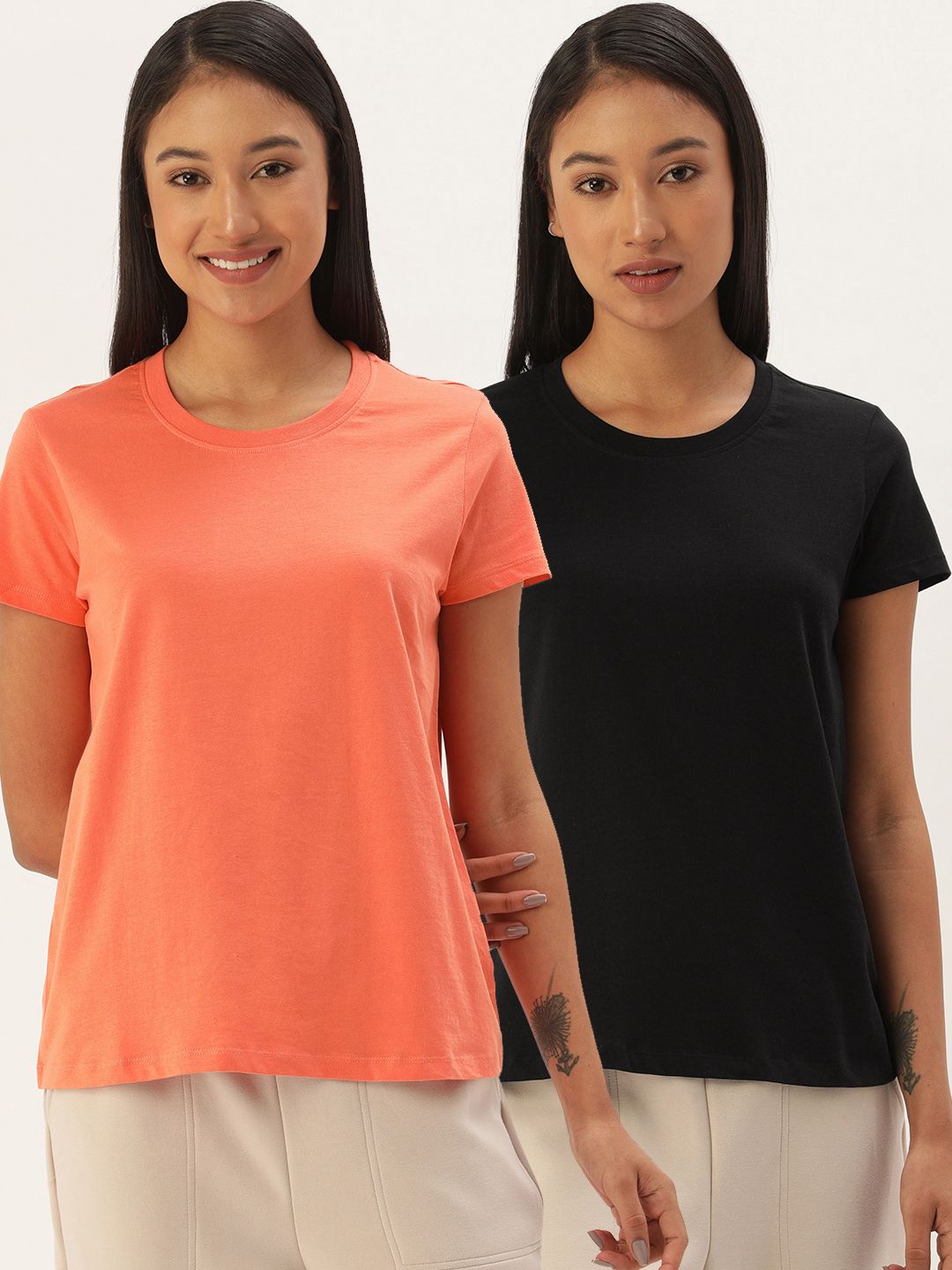 ETC Women Pack of 2 Solid Lounge T-shirts Price in India