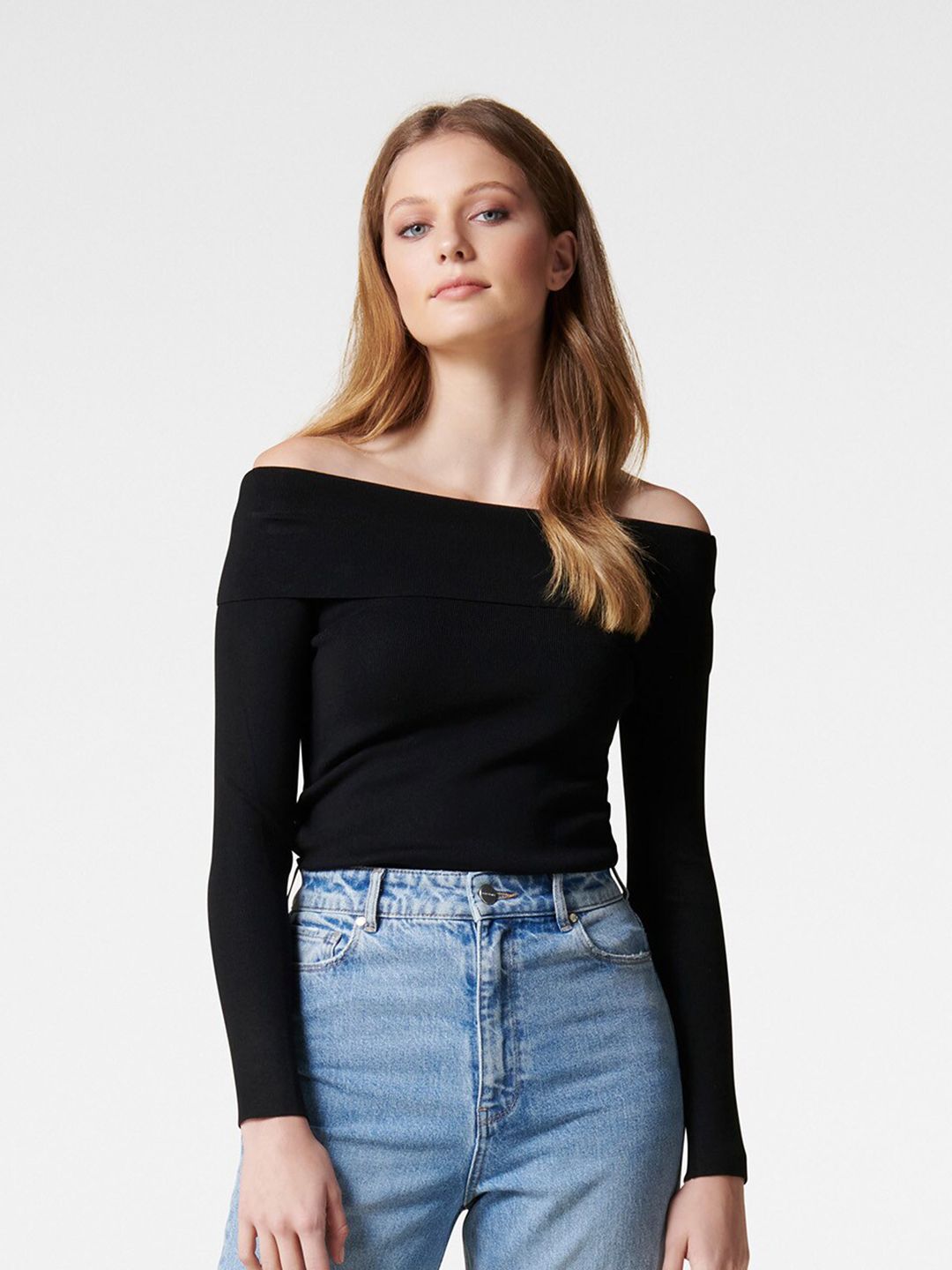 Forever New Women Black Solid Off-Shoulder Bardot Top Price in India