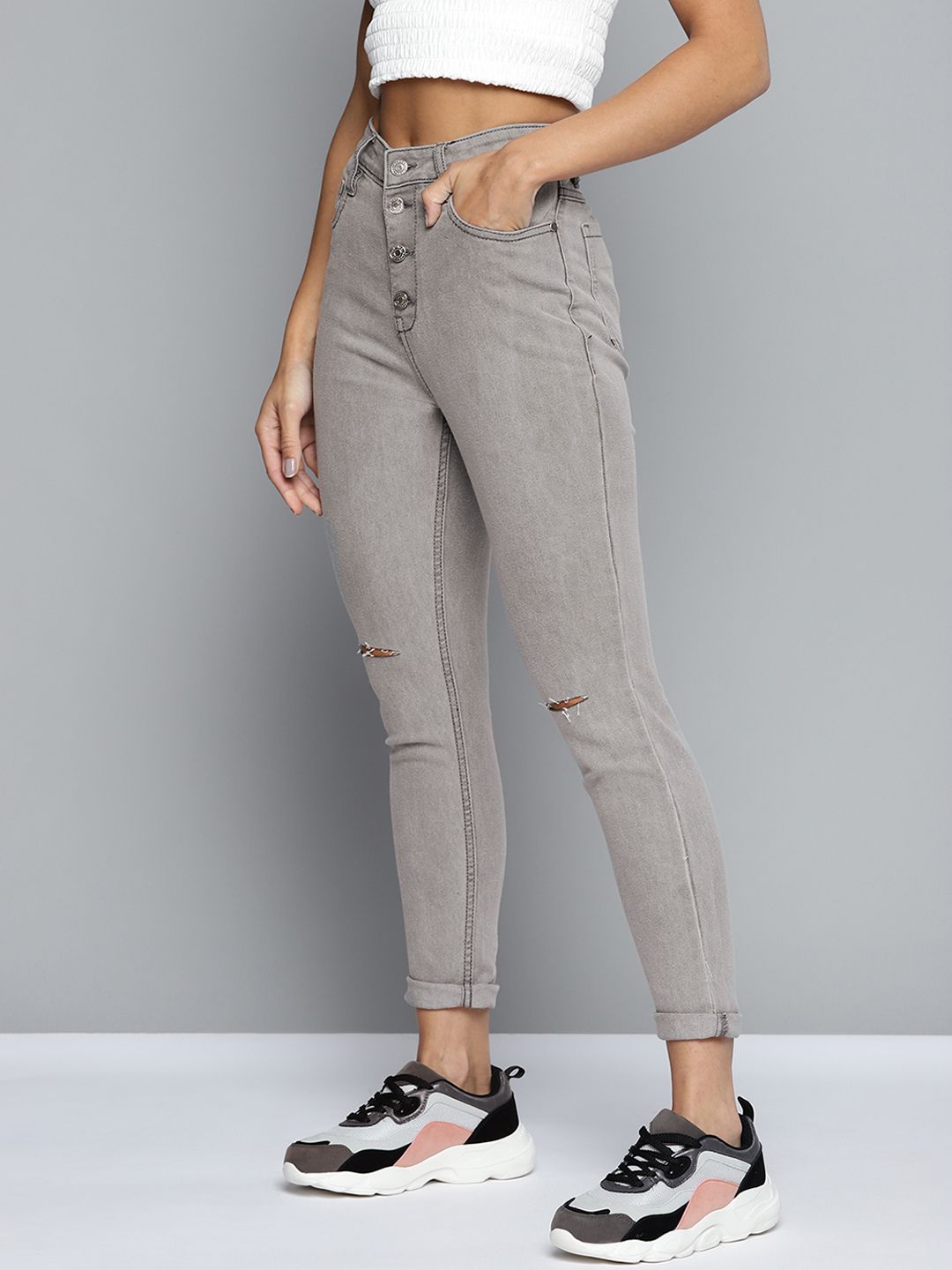 Harvard Women Grey High-Rise Slash Knee Stretchable Jeans Price in India