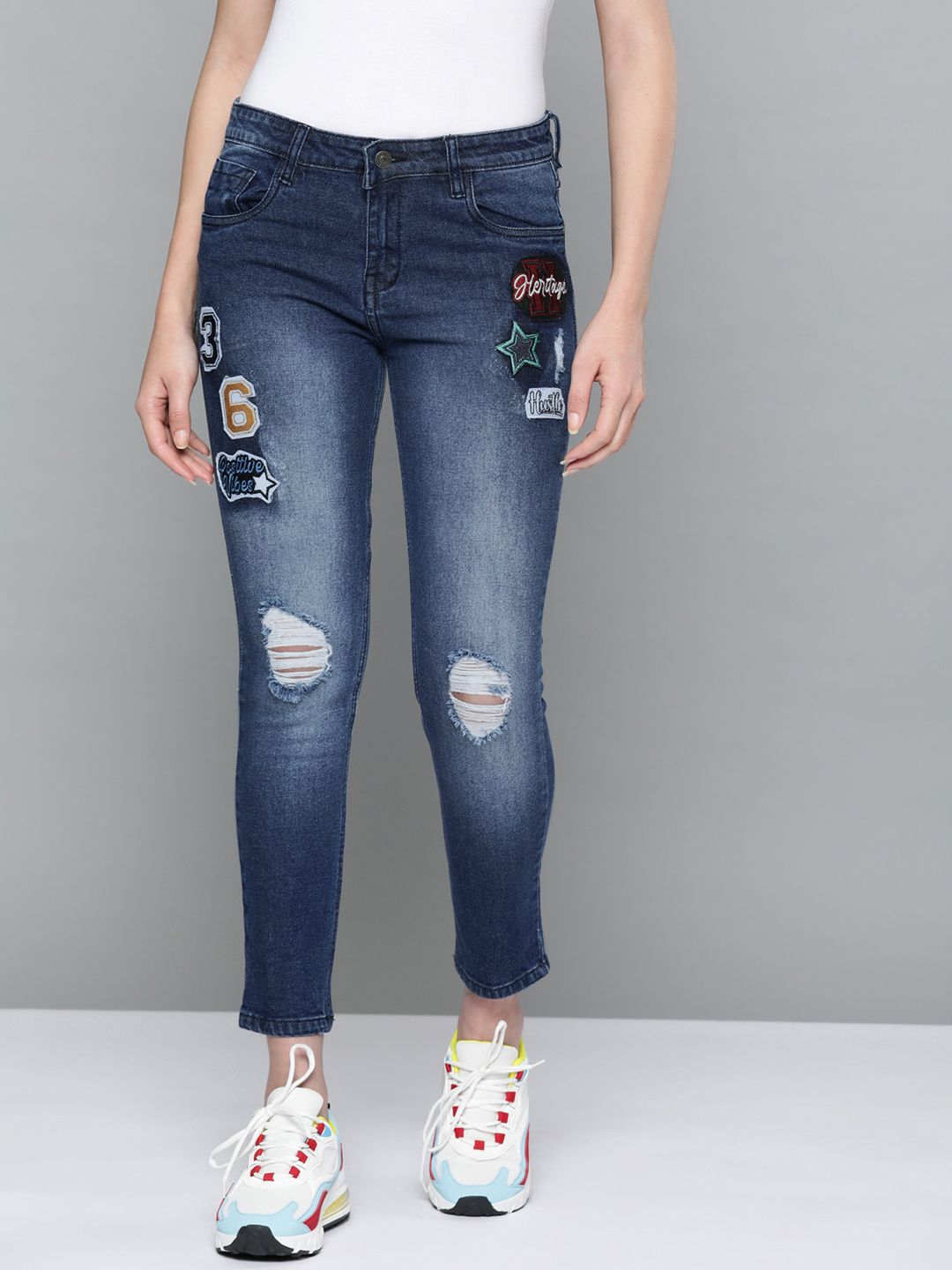 Harvard Women Blue Skinny Fit Mildly Distressed Applique Detail Stretchable Jeans Price in India