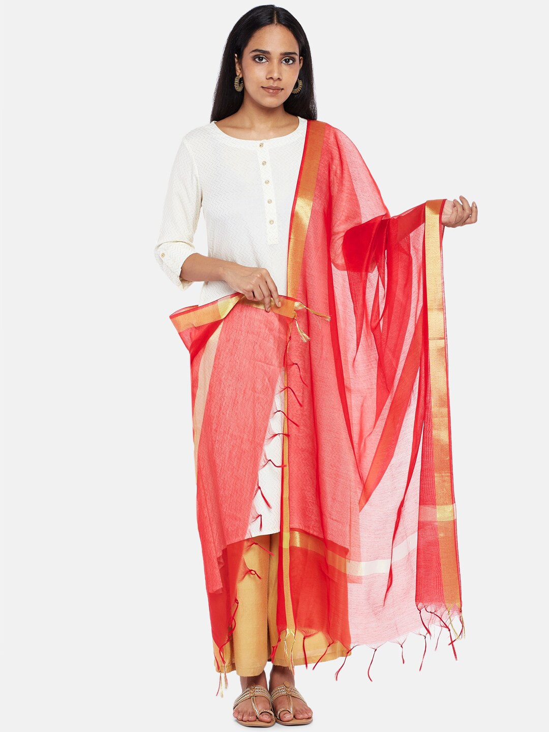 RANGMANCH BY PANTALOONS Red & Gold-Toned Solid Dupatta Price in India