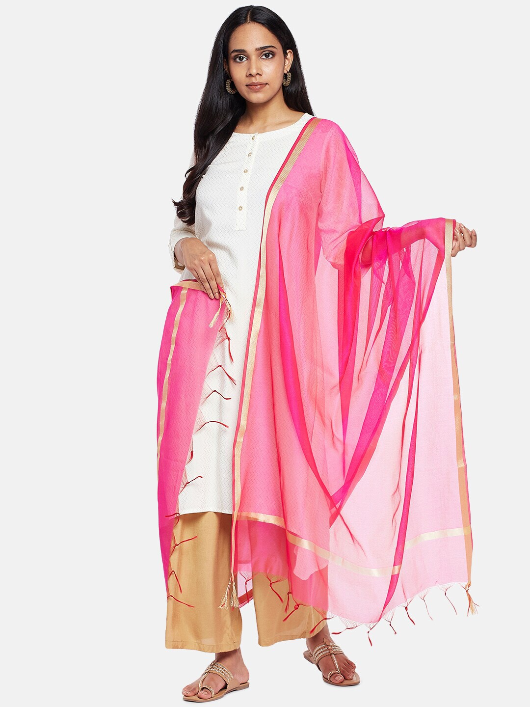 RANGMANCH BY PANTALOONS Fuchsia & Gold-Toned Solid Dupatta Price in India