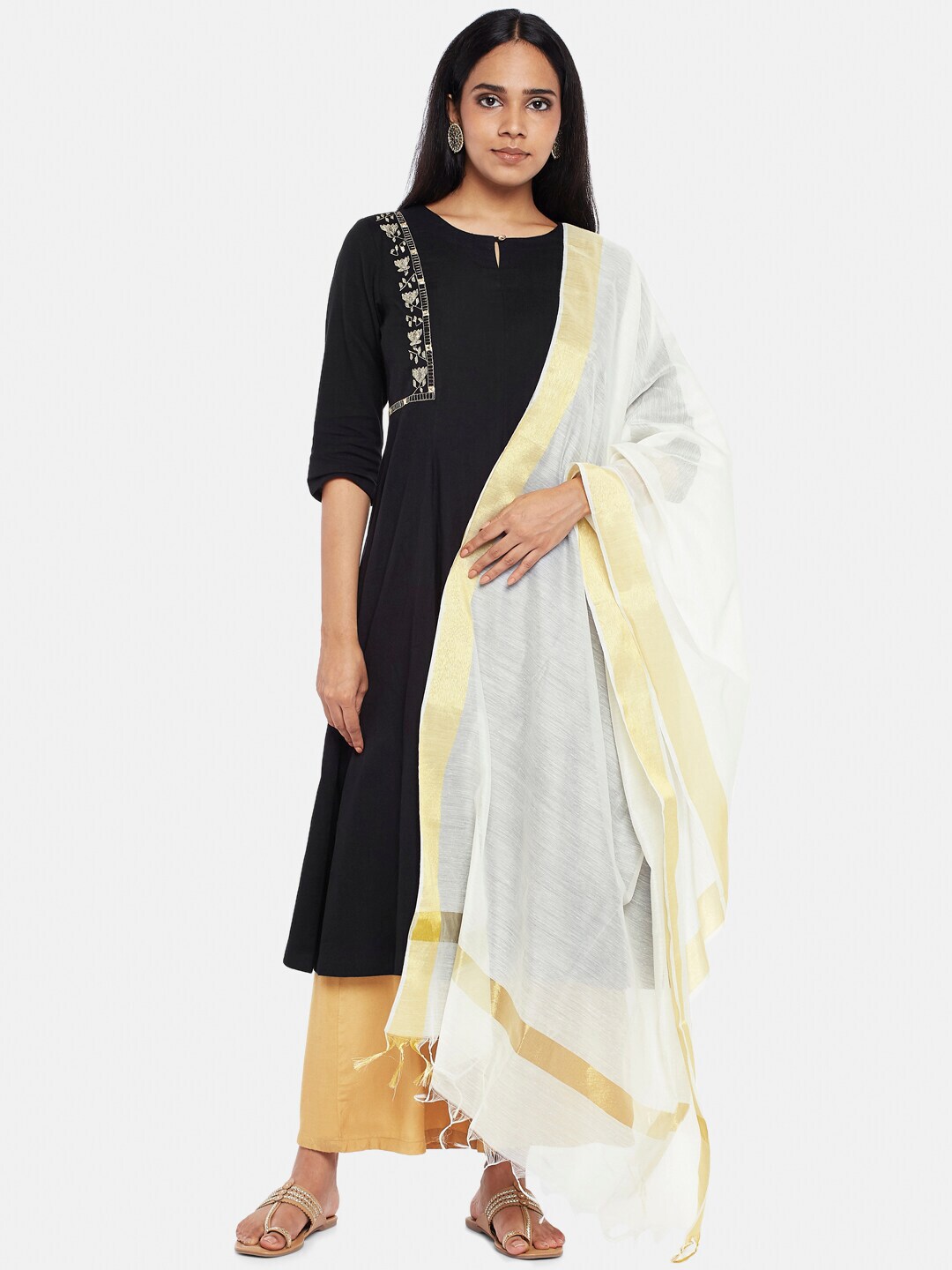 RANGMANCH BY PANTALOONS Off White & Gold-Toned Solid Dupatta Price in India