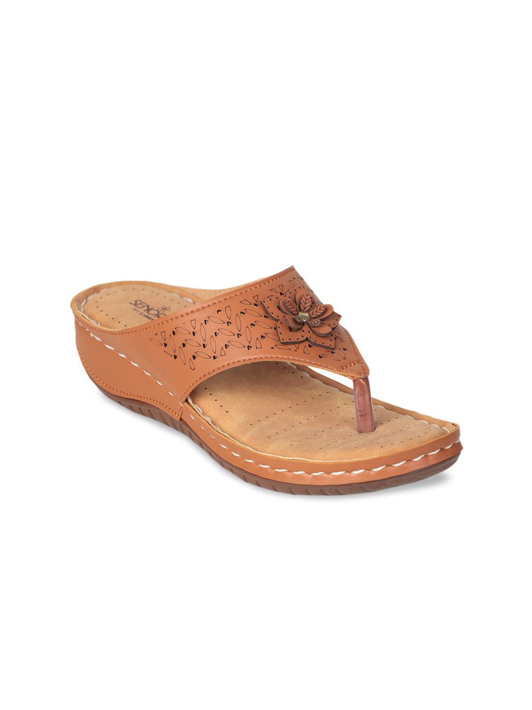 Liberty  Women Tan Textured PU Comfort Sandals with Laser Cuts Price in India