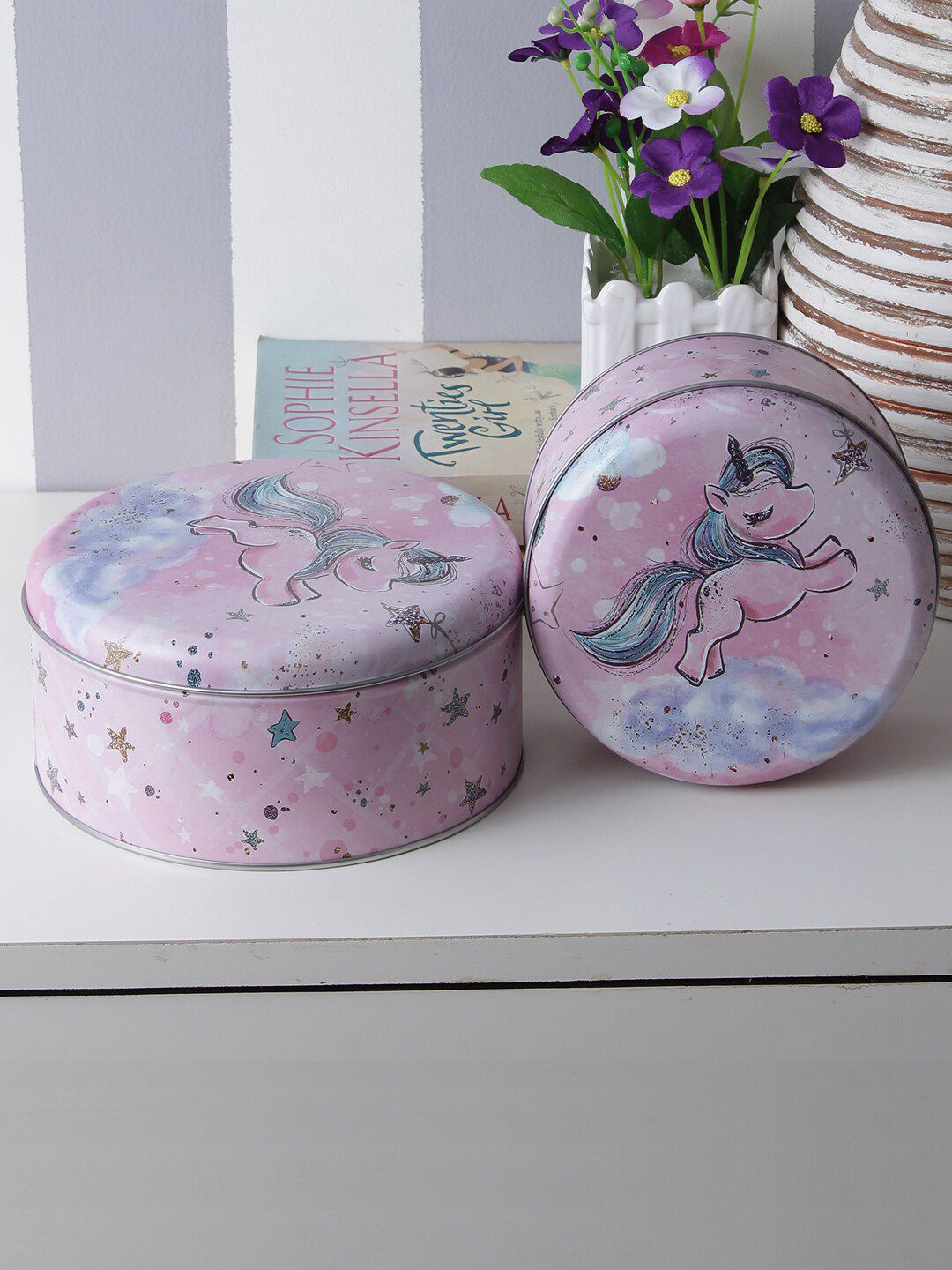 A Vintage Affair- Home Decor Pink Set of 2 Round Starry Unicorn Storage Organisers Price in India