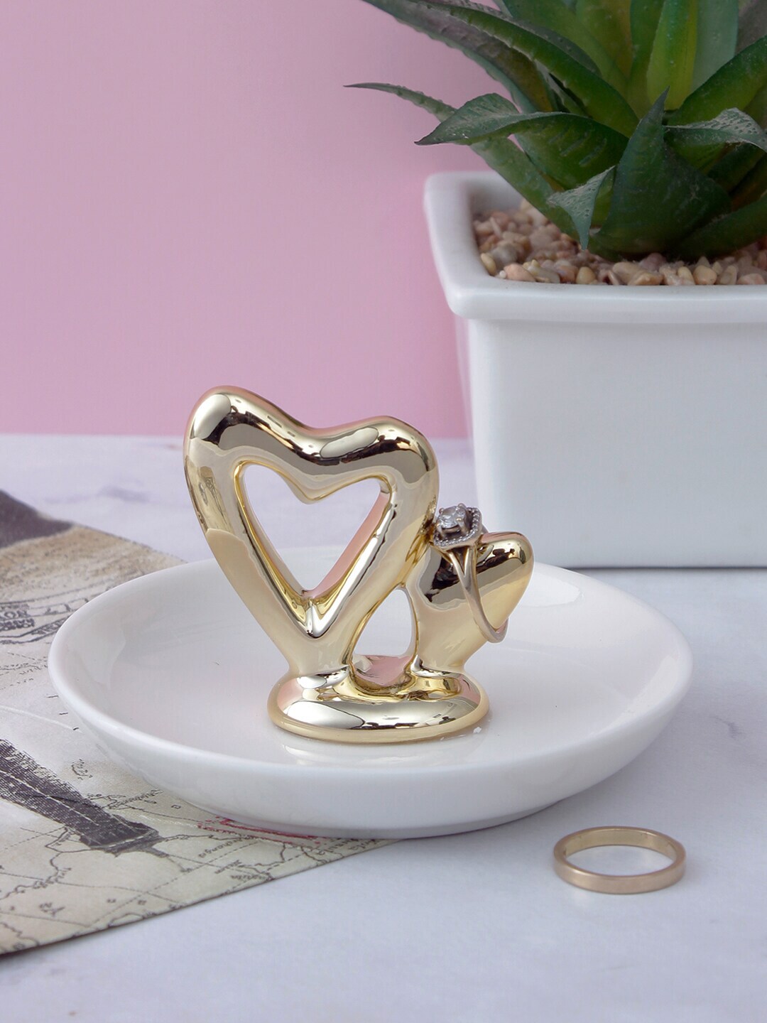 A Vintage Affair- Home Decor Gold-Toned & White Hearts Trinket Dish Price in India