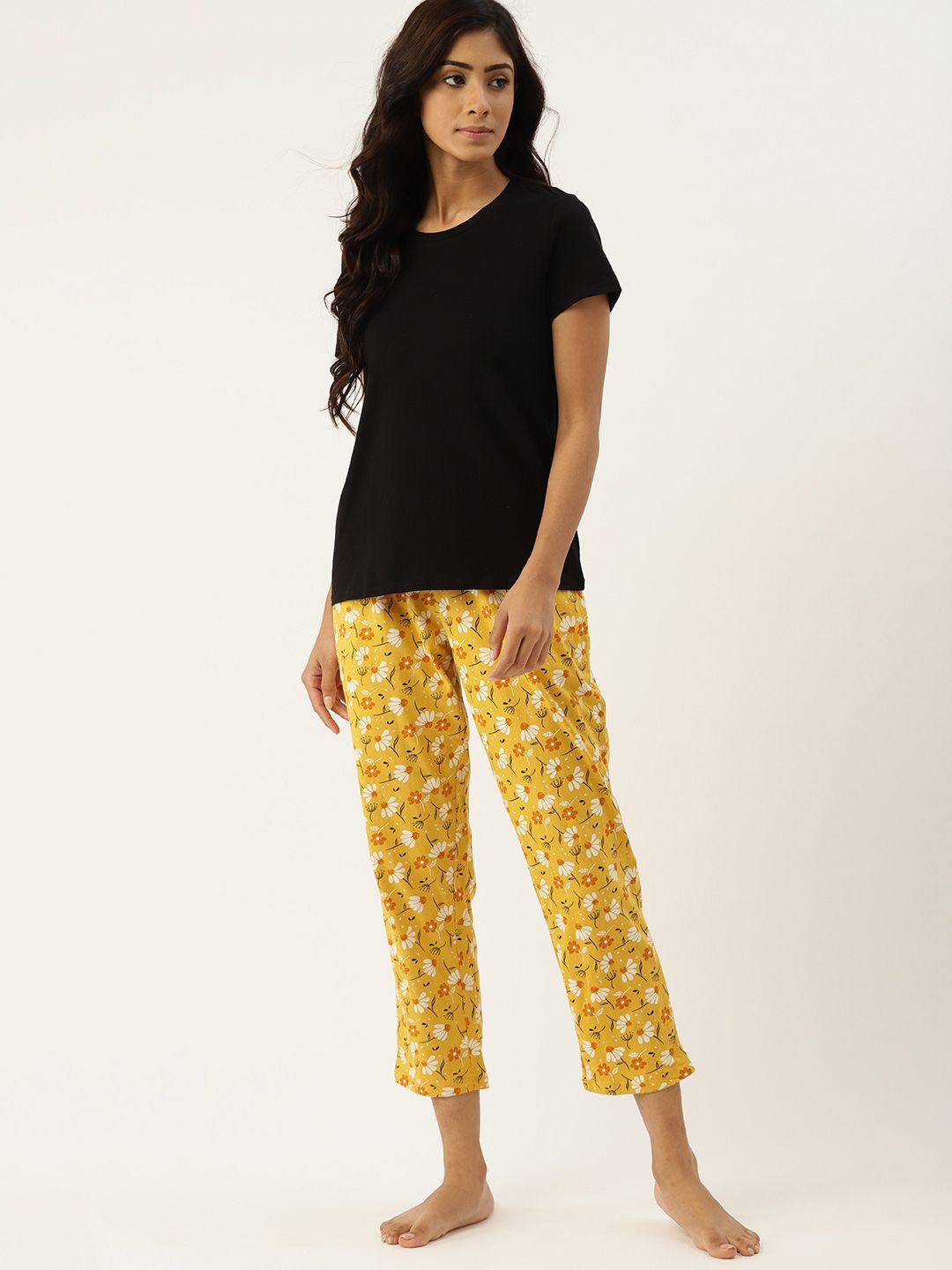 ETC Women Black & Yellow Floral Print Cotton Pyjamas Set Price in India