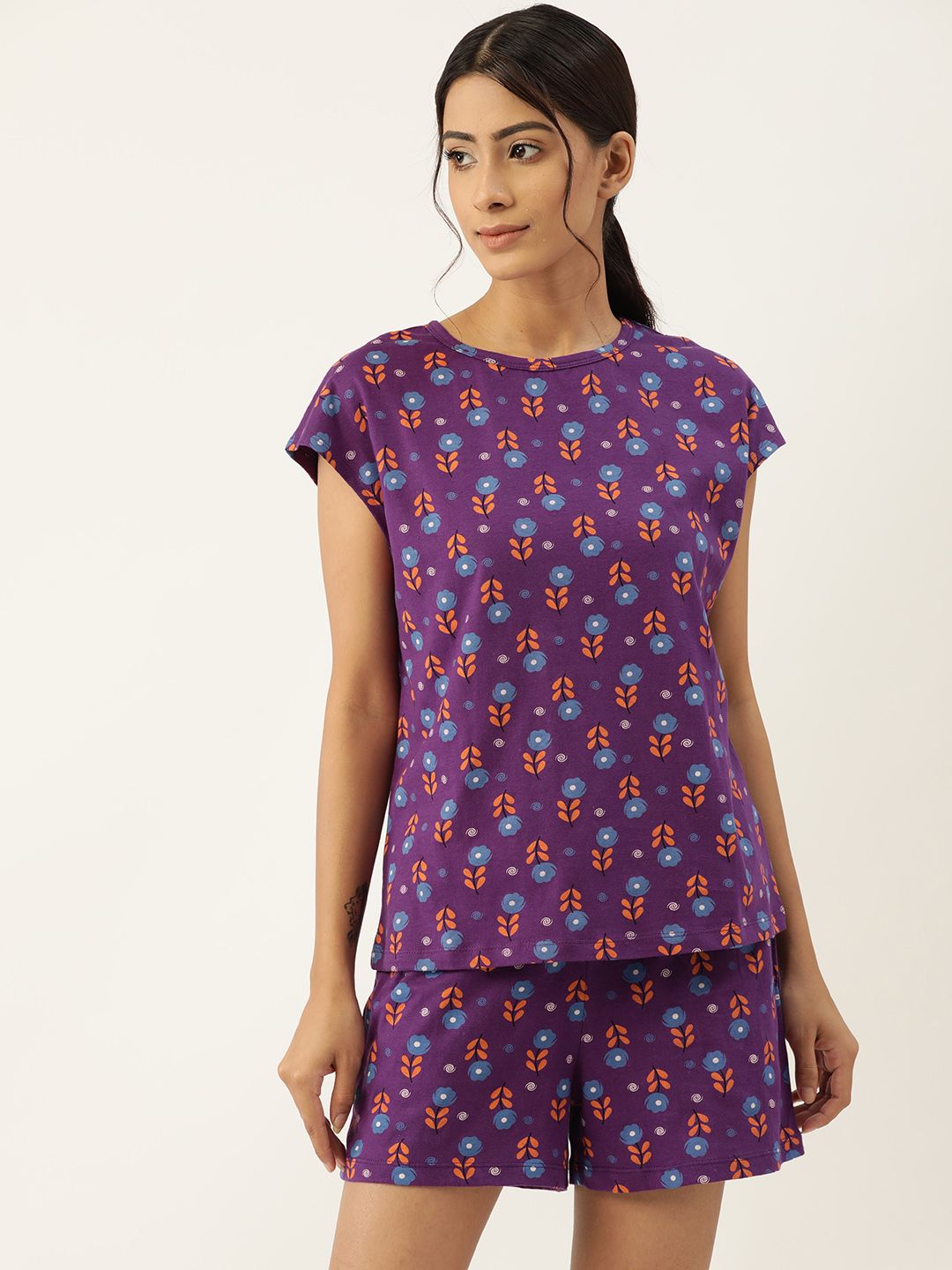 ETC Women Purple & Orange Pure Cotton Printed Shorts Set Price in India