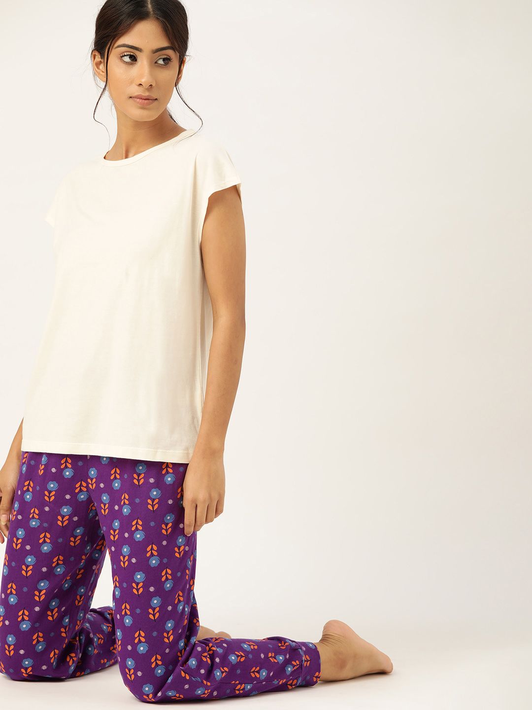 ETC Women Off-White & Purple Pure Cotton Solid Pyjama Set Price in India