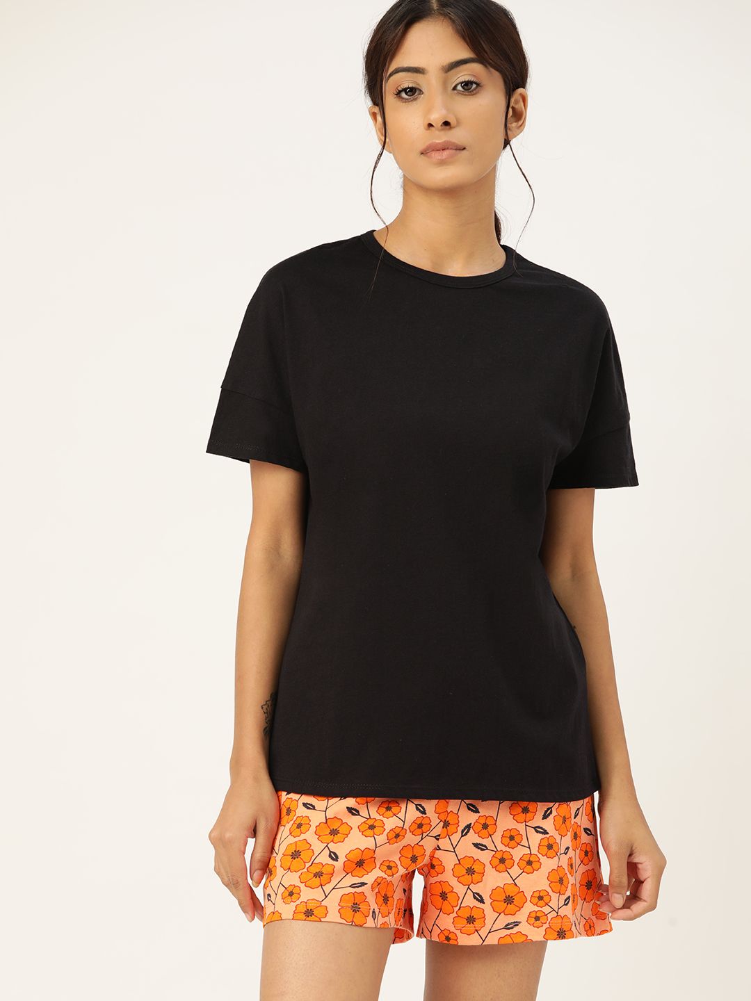 ETC Women Black & Orange Pure Cotton Shorts Set Price in India