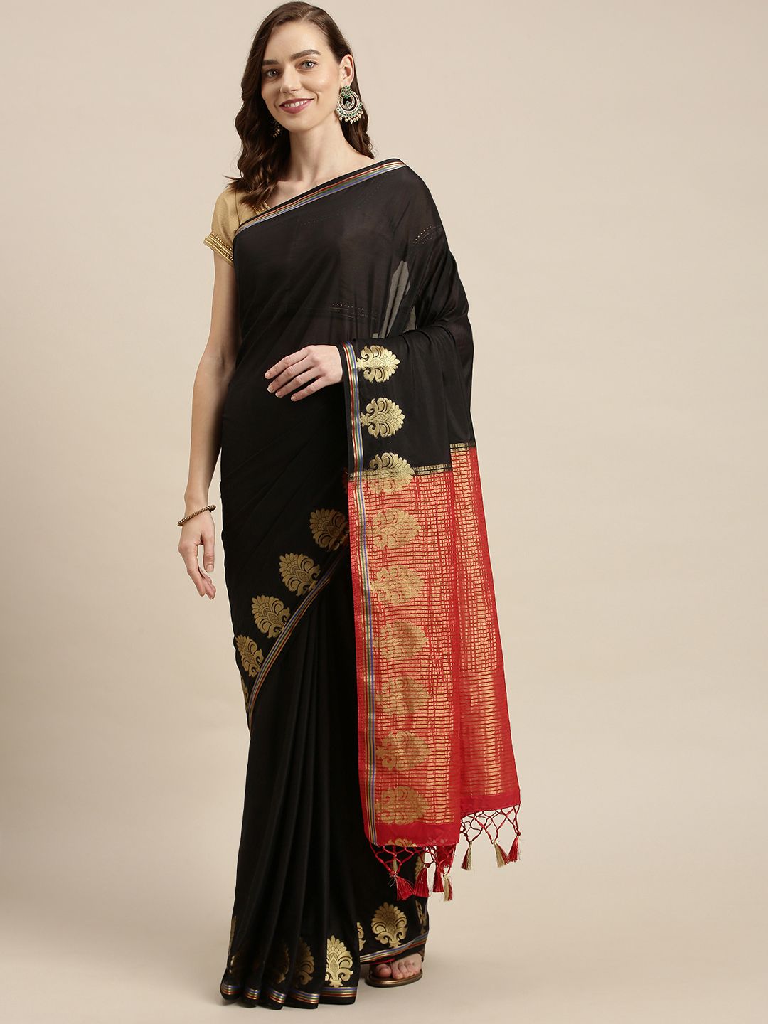 Mitera Black & Gold-Toned Zari Mysore Silk Saree Price in India