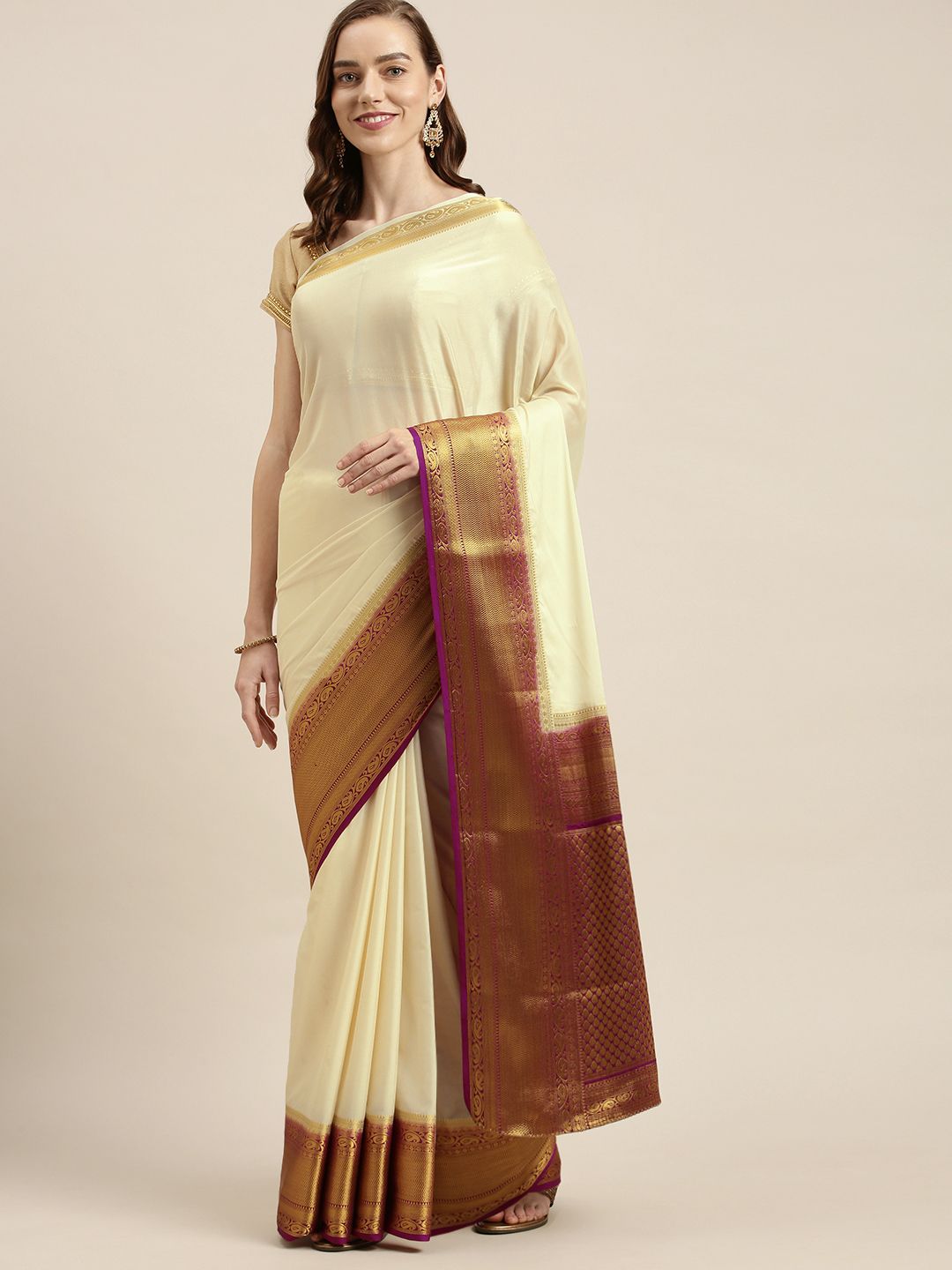 Mitera Beige & Gold-Toned Zari Mysore Silk Saree Price in India