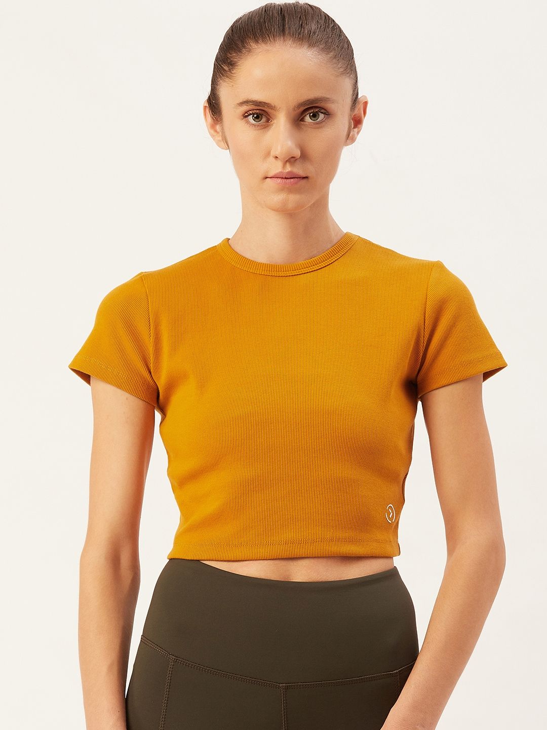 KICA Women Mustard Yellow Yoga Cotton Ribbed Crop Top Price in India