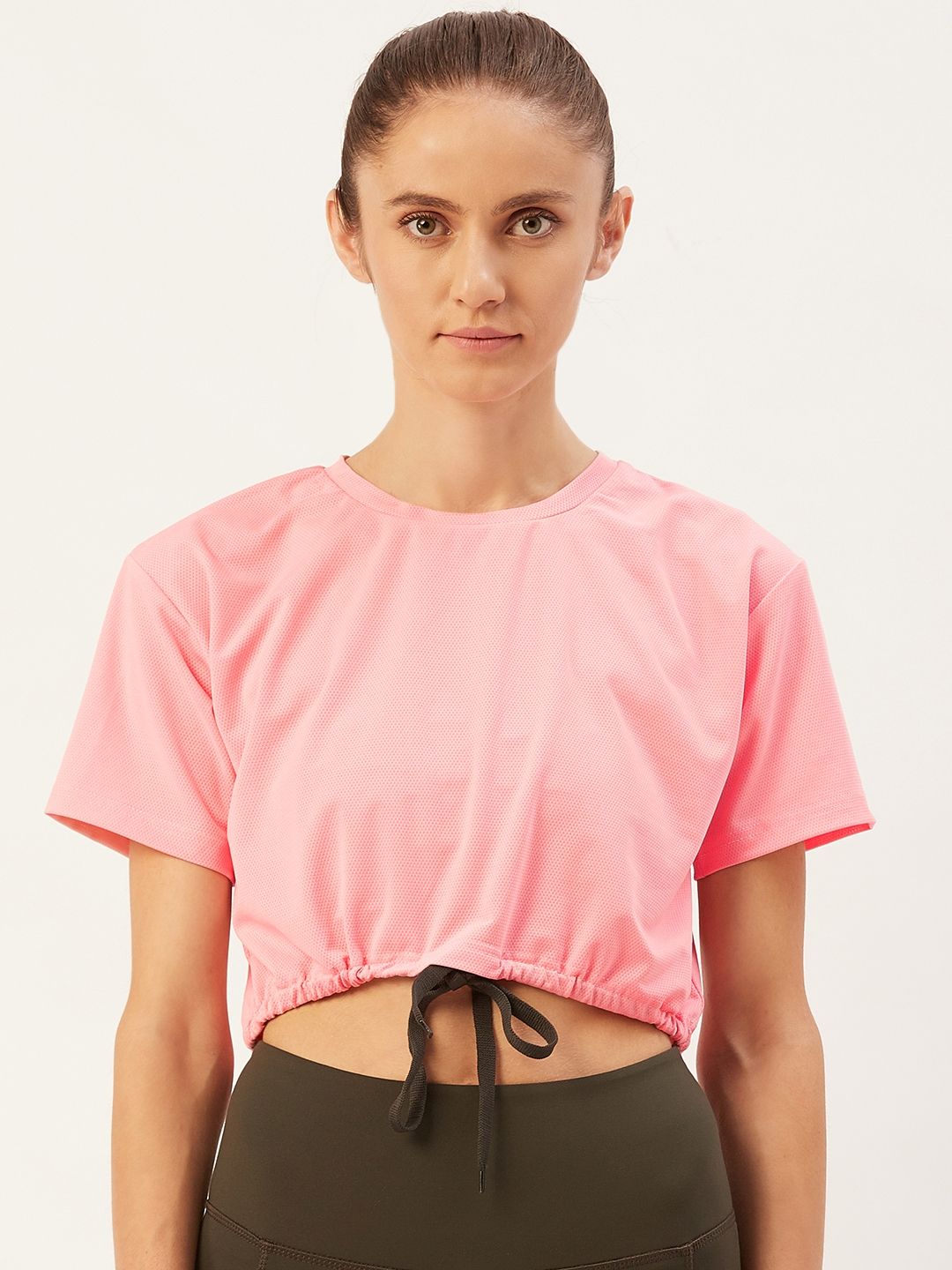 KICA Women Pink Cropped Mesh T-shirt with Waist Tie-up Price in India