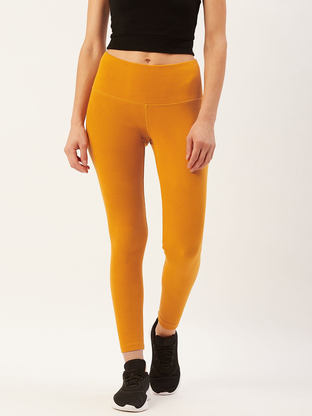 KICA Women Mustard Yellow Ribbed Knitted Cropped Tights Price in India