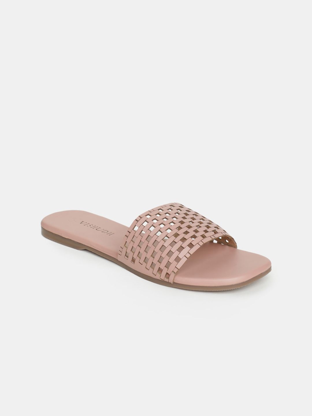 Vishudh Women Peach-Coloured Textured Open Toe Flats with Laser Cuts Price in India