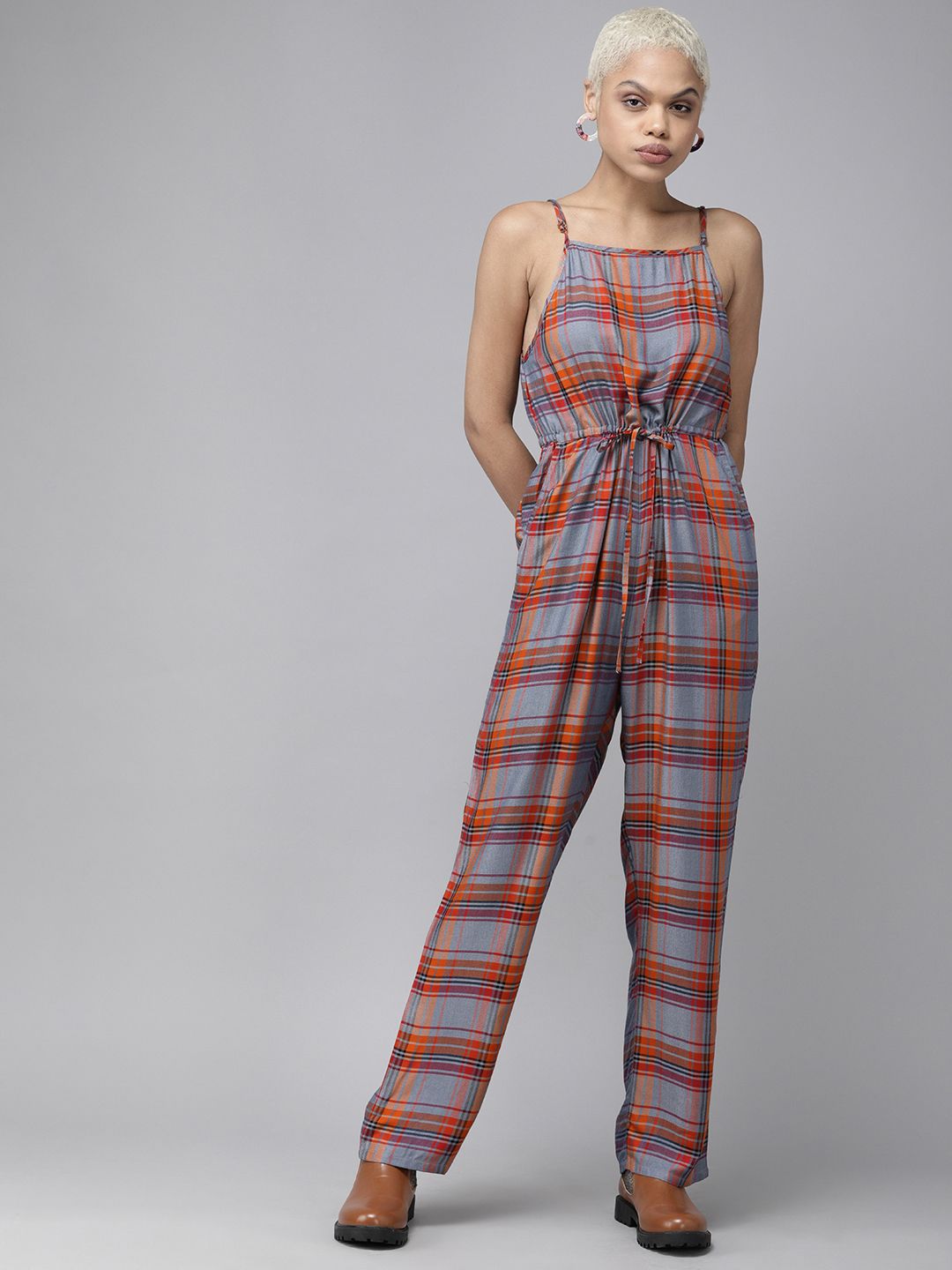 Roadster Red & Grey Checked Shoulder Strap Basic Jumpsuit With Waist Tie up Price in India