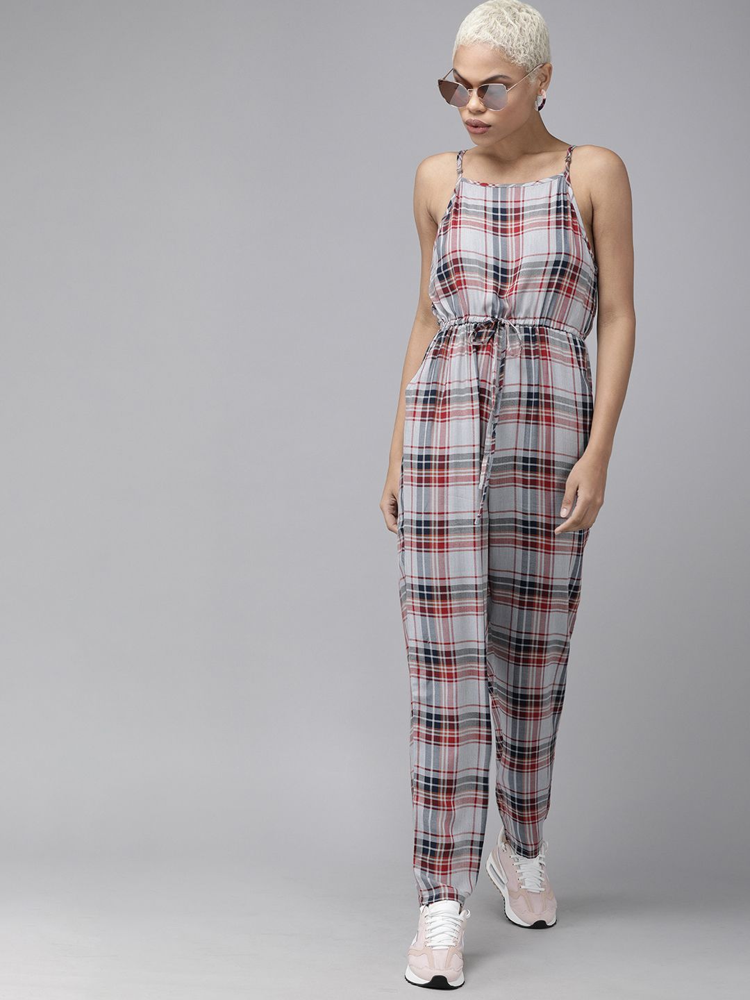Roadster Grey & Red Shoulder Strap Checked Basic Jumpsuit With Waist Tie up Price in India