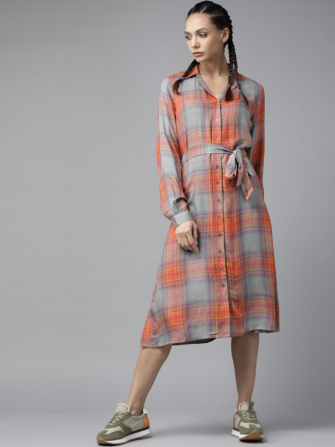Roadster Women Orange & Grey Checked Shirt Midi Dress with A Belt Price in India