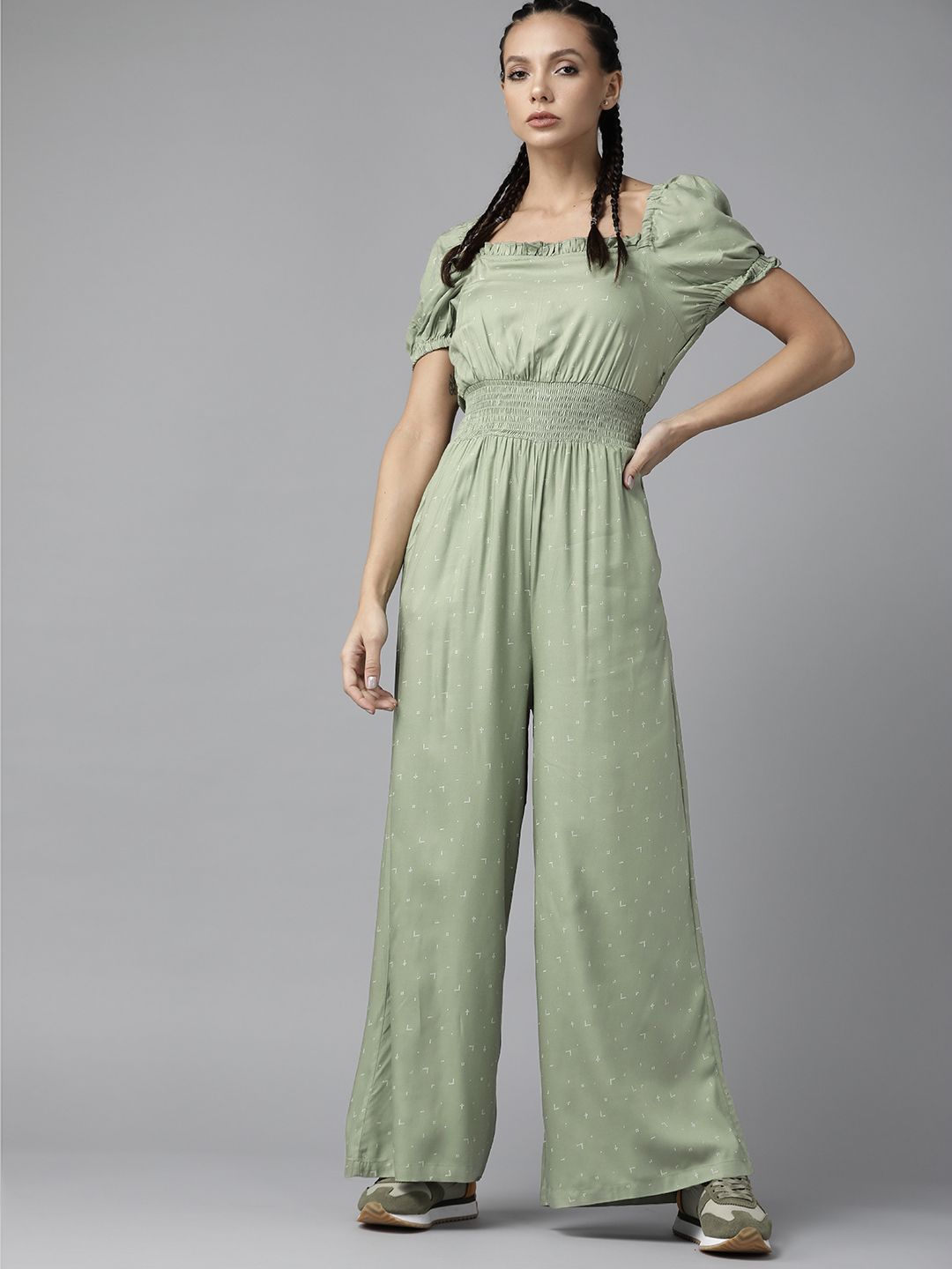 Roadster Green & White Geometric Printed Basic Smocked Detail Jumpsuit Price in India