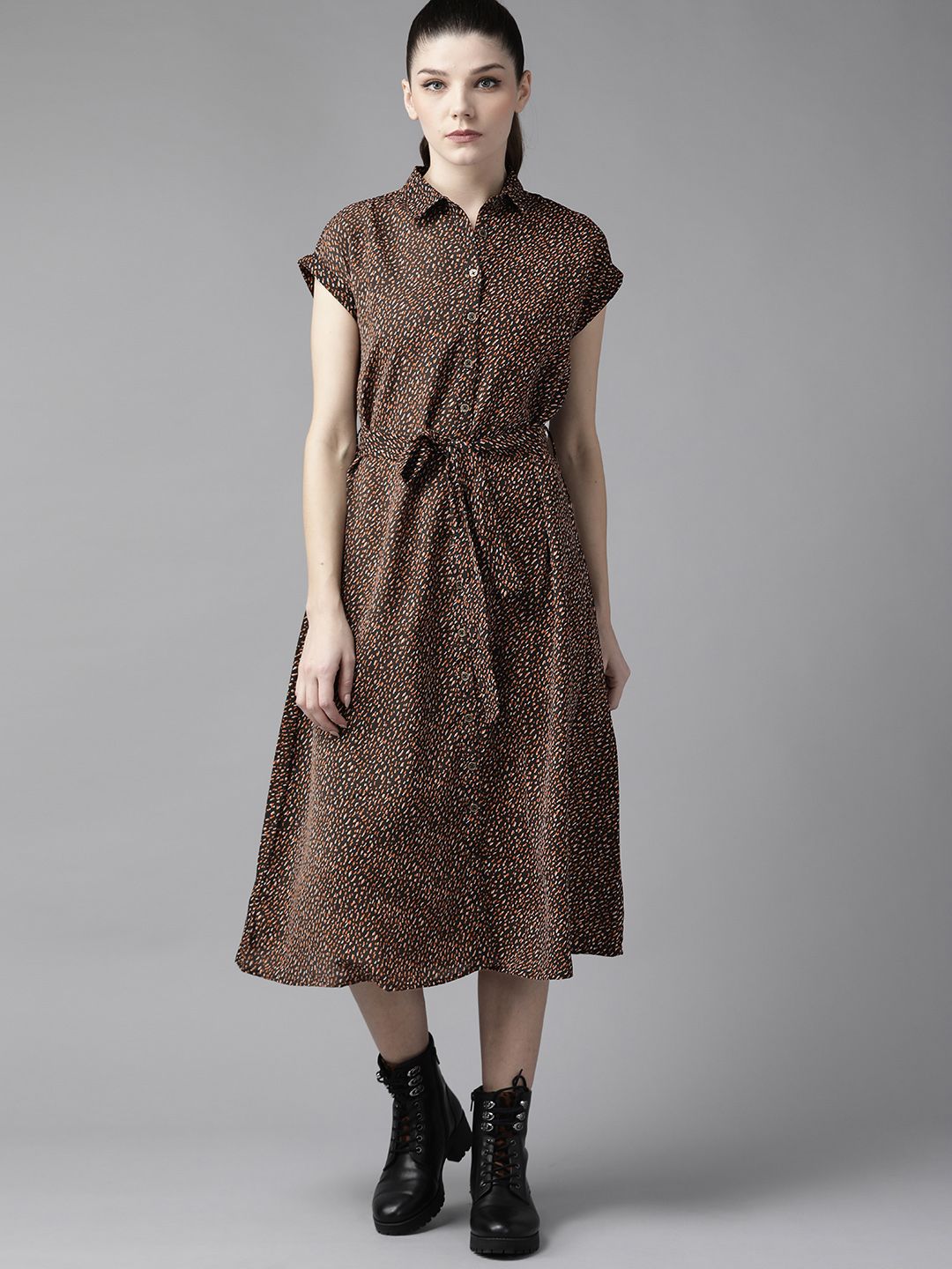 Roadster Brown & Orange Abstract Printed A-Line Midi Dress With A Belt Price in India