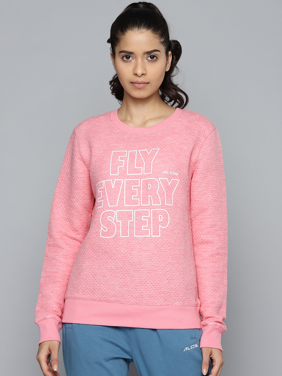 Alcis Women Pink Self Design Sweatshirt with Print Detail Price in India