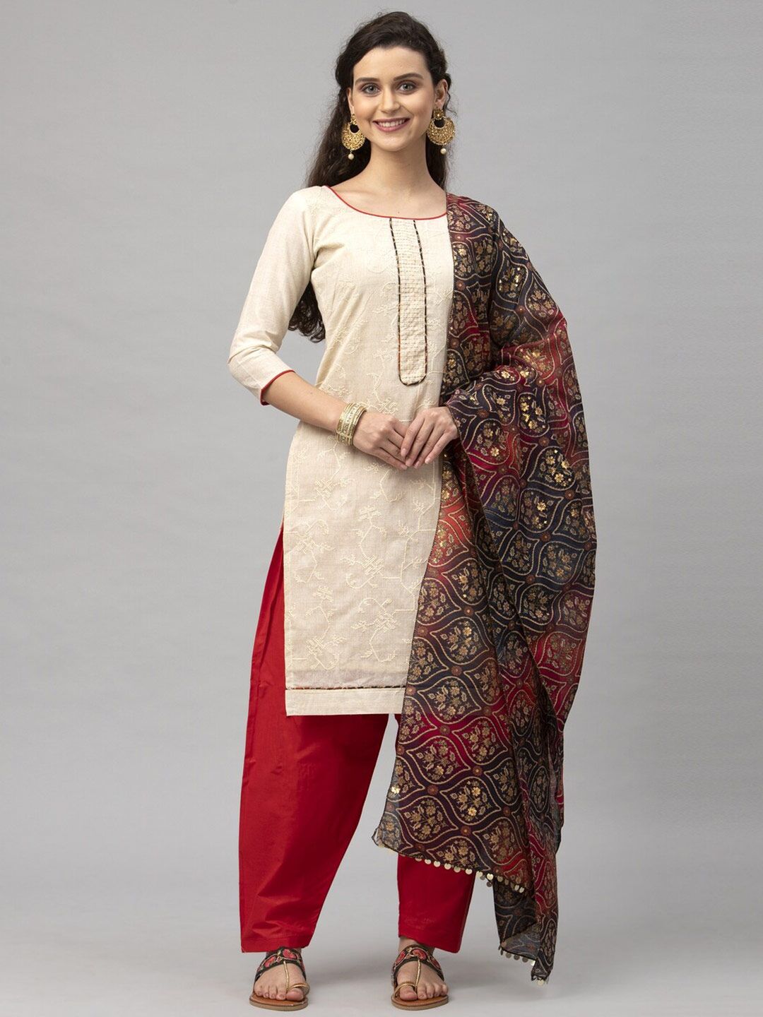 Satrani Off White & Maroon Embroidered Unstitched Dress Material Price in India