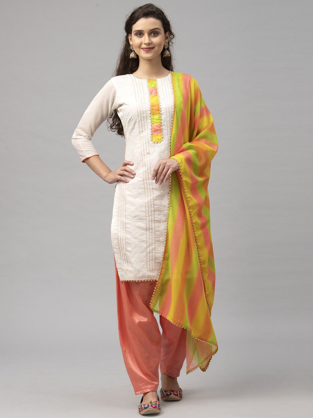 Satrani White & Peach-Coloured Floral Embroidered Unstitched Dress Material
