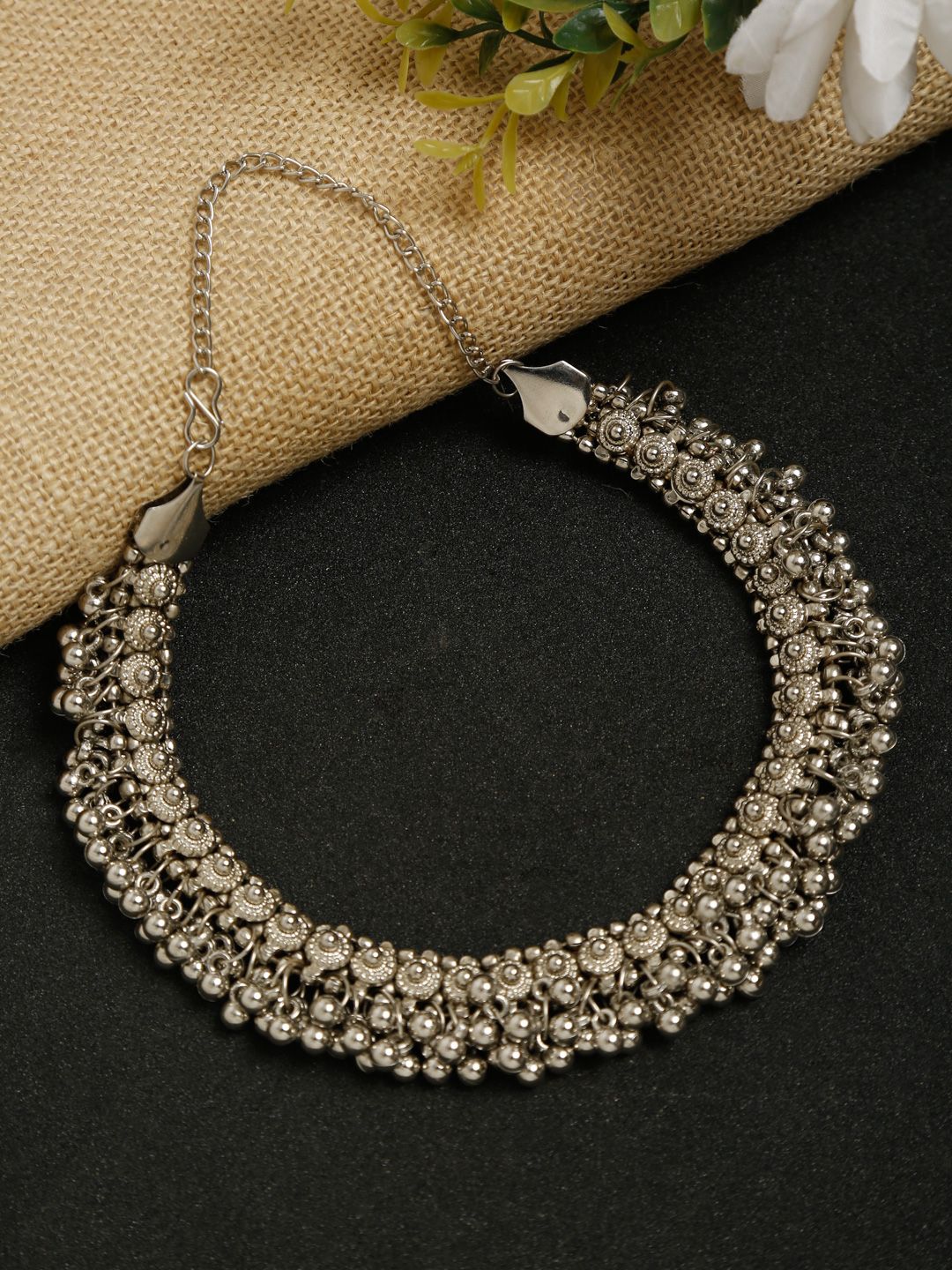 NEUDIS Women Silver-Plated & Silver-toned Antique Beads Beaded Oxidised Statement Necklace Price in India