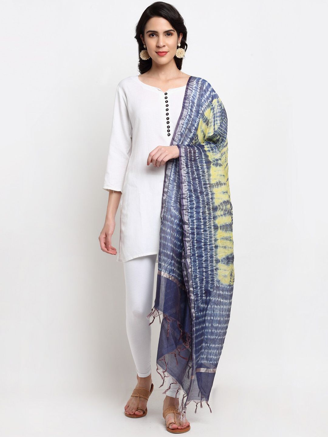 LOOM LEGACY Blue & Cream-Coloured Printed Chanderi Cotton Silk Dupatta With Zari