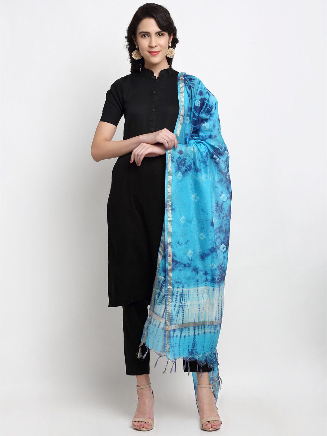 LOOM LEGACY Blue & Navy Blue Printed Chanderi Cotton Silk Dupatta Price in India