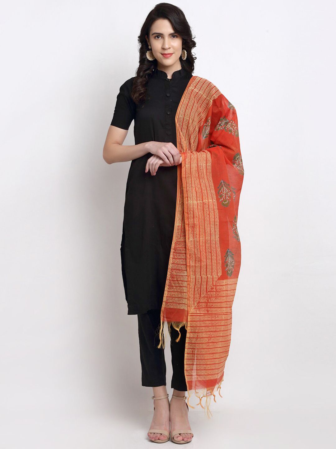 LOOM LEGACY Orange & Green Floral Printed Chanderi Cotton Silk Dupatta Price in India