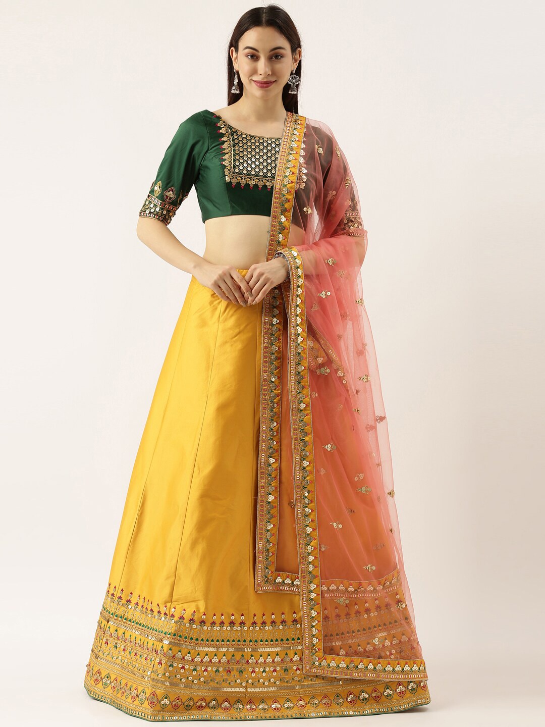 panchhi Women Yellow Silk Semi-Stitched Lehenga Choli & Unstitched Blouse with Dupatta Price in India