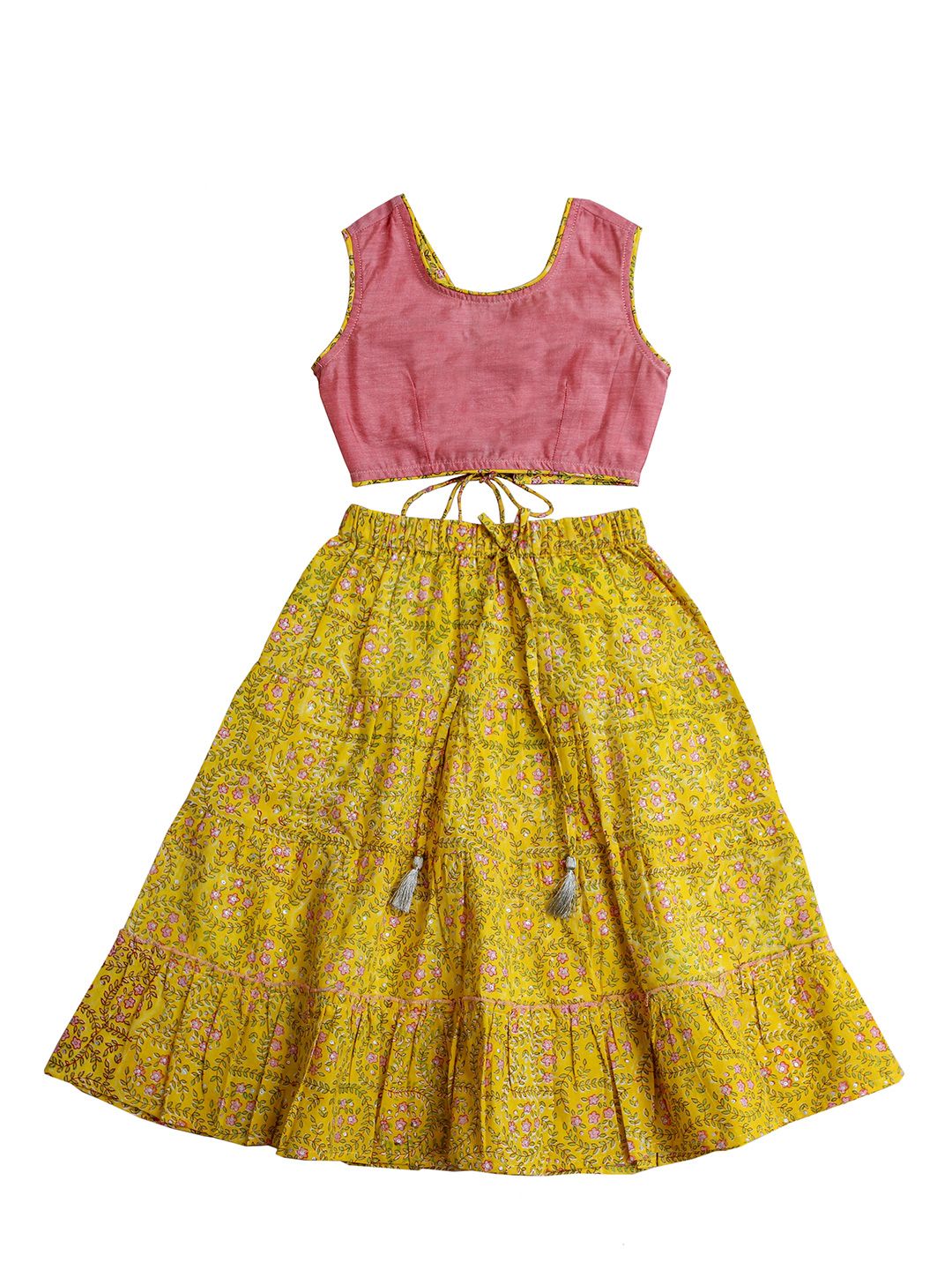 My Little Lambs Girls Pink & Yellow Solid Ready To Wear Lehenga & Ready To Wear Choli