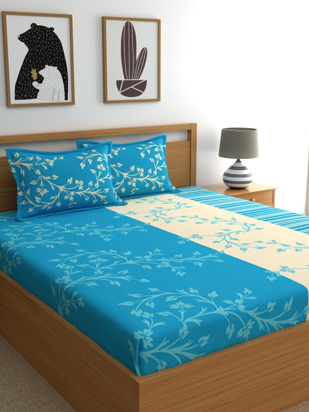 Dreamscape Blue & White Floral 140 TC King Pure Cotton Bedsheet With 2 Pillow Covers Price in India
